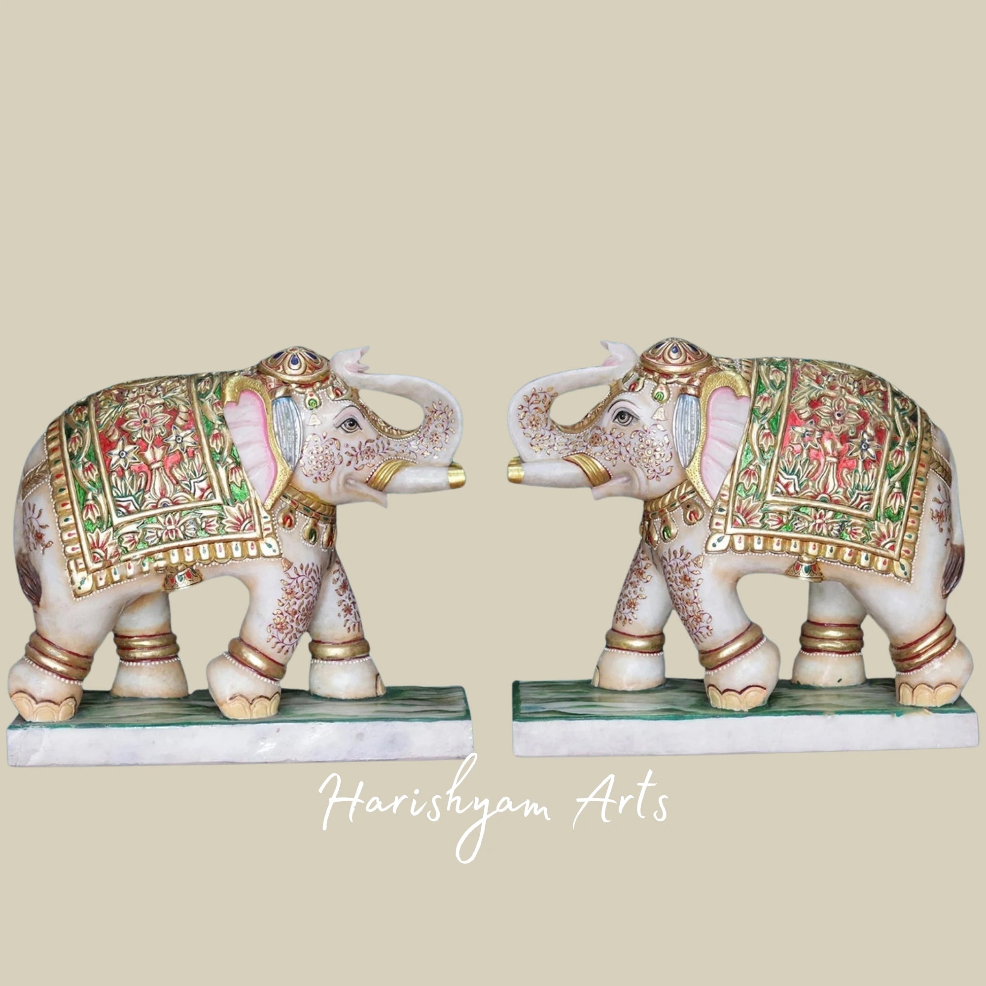 24" Twin White Makrana Marble Elephants Handcrafted Decorative Statues