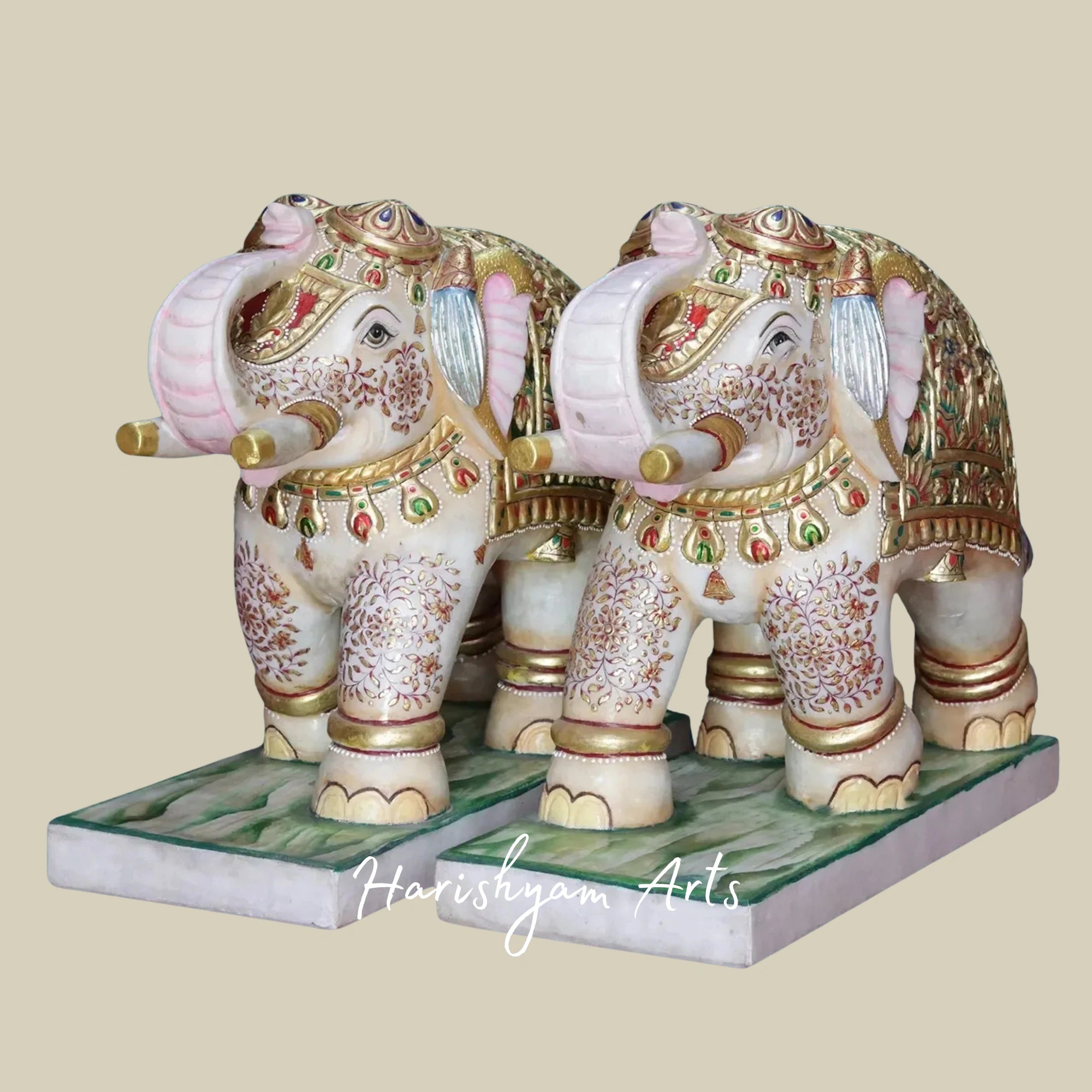 24" Twin White Makrana Marble Elephants Handcrafted Decorative Statues