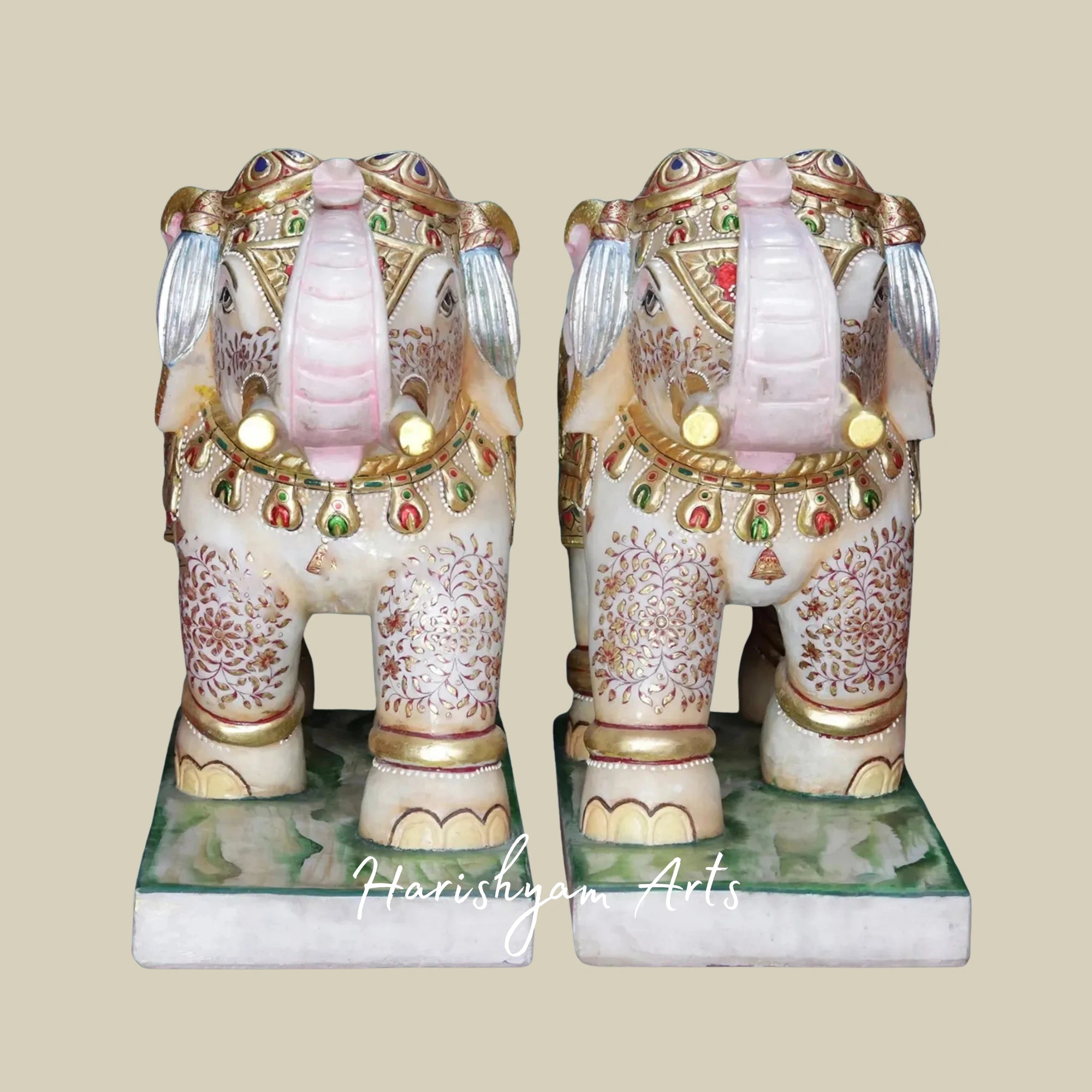 24" Twin White Makrana Marble Elephants Handcrafted Decorative Statues