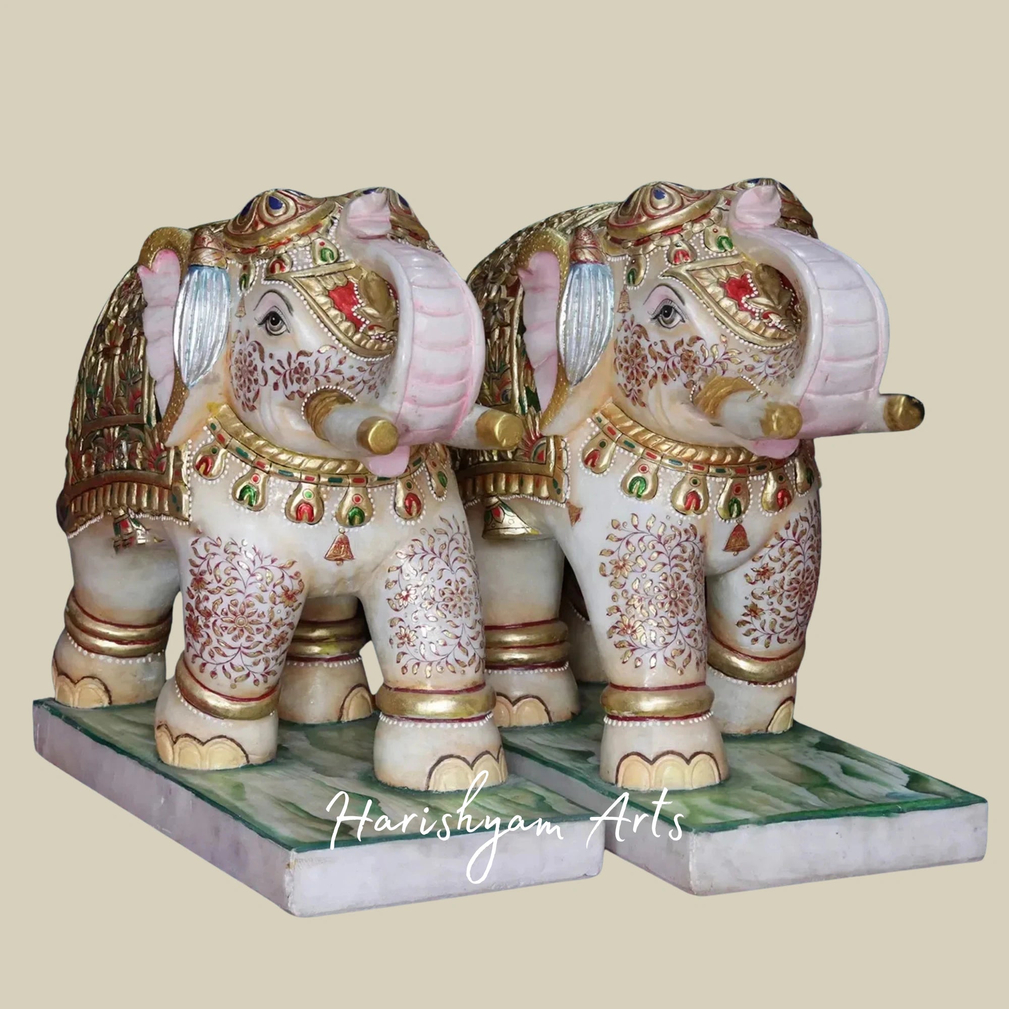 24" Twin White Makrana Marble Elephants Handcrafted Decorative Statues