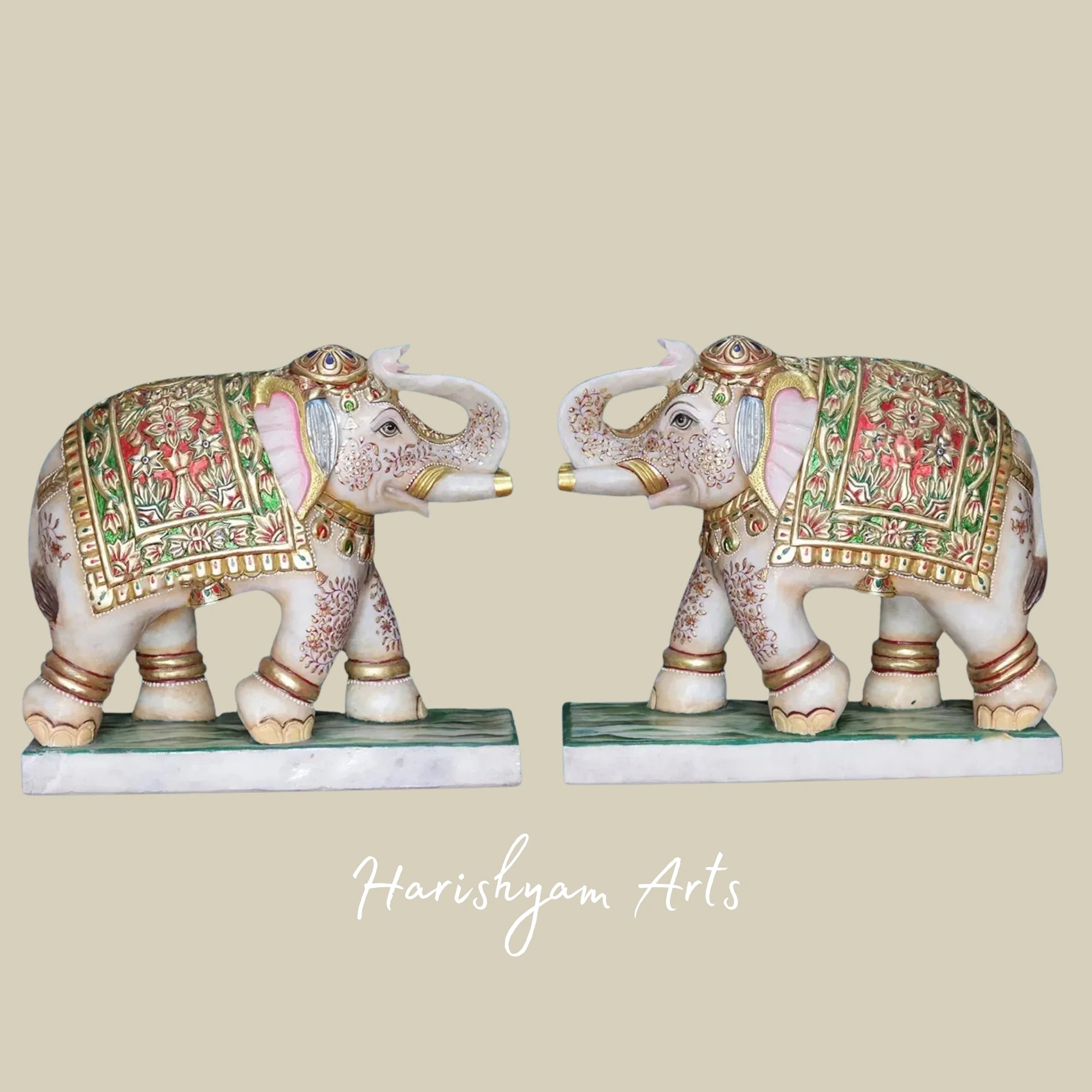 24" Twin White Makrana Marble Elephants Handcrafted Decorative Statues