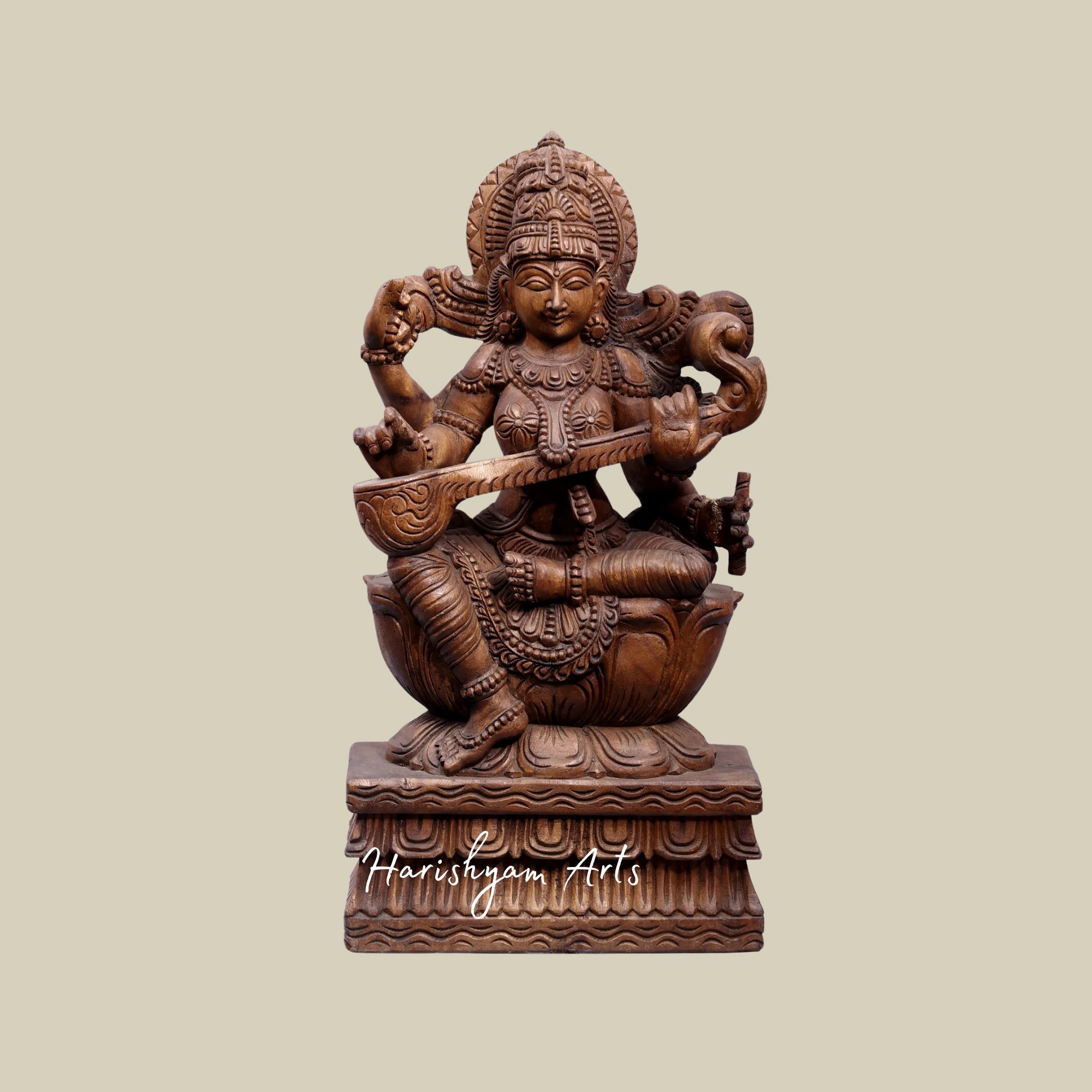 24" Wood Carved Goddess Saraswati Seated on Lotus with Veena