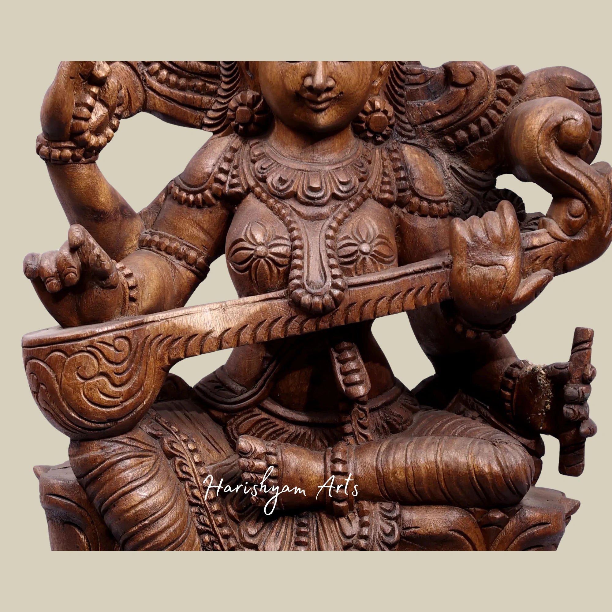 24" Wood Carved Goddess Saraswati Seated on Lotus with Veena1