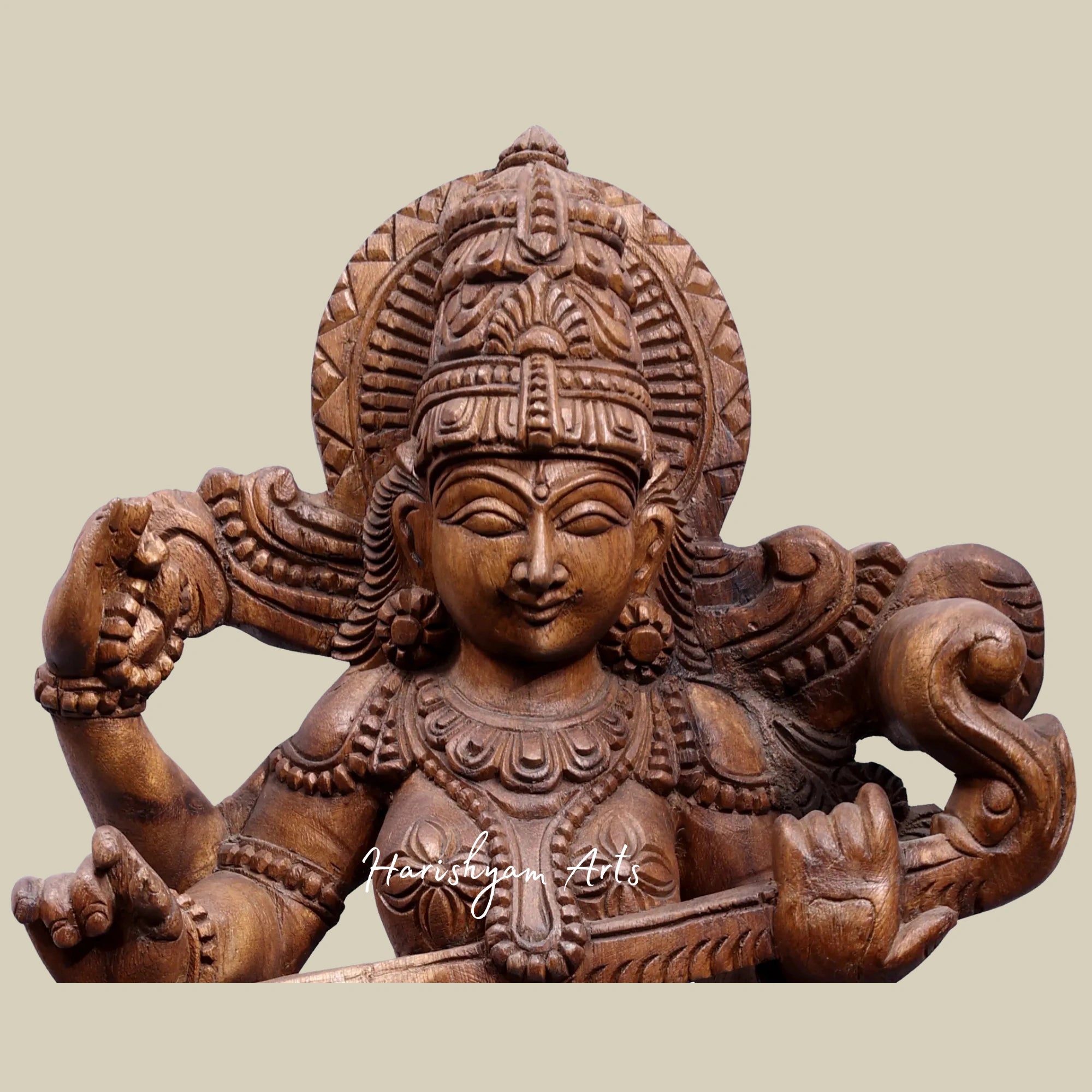 24" Wood Carved Goddess Saraswati Seated on Lotus with Veena2