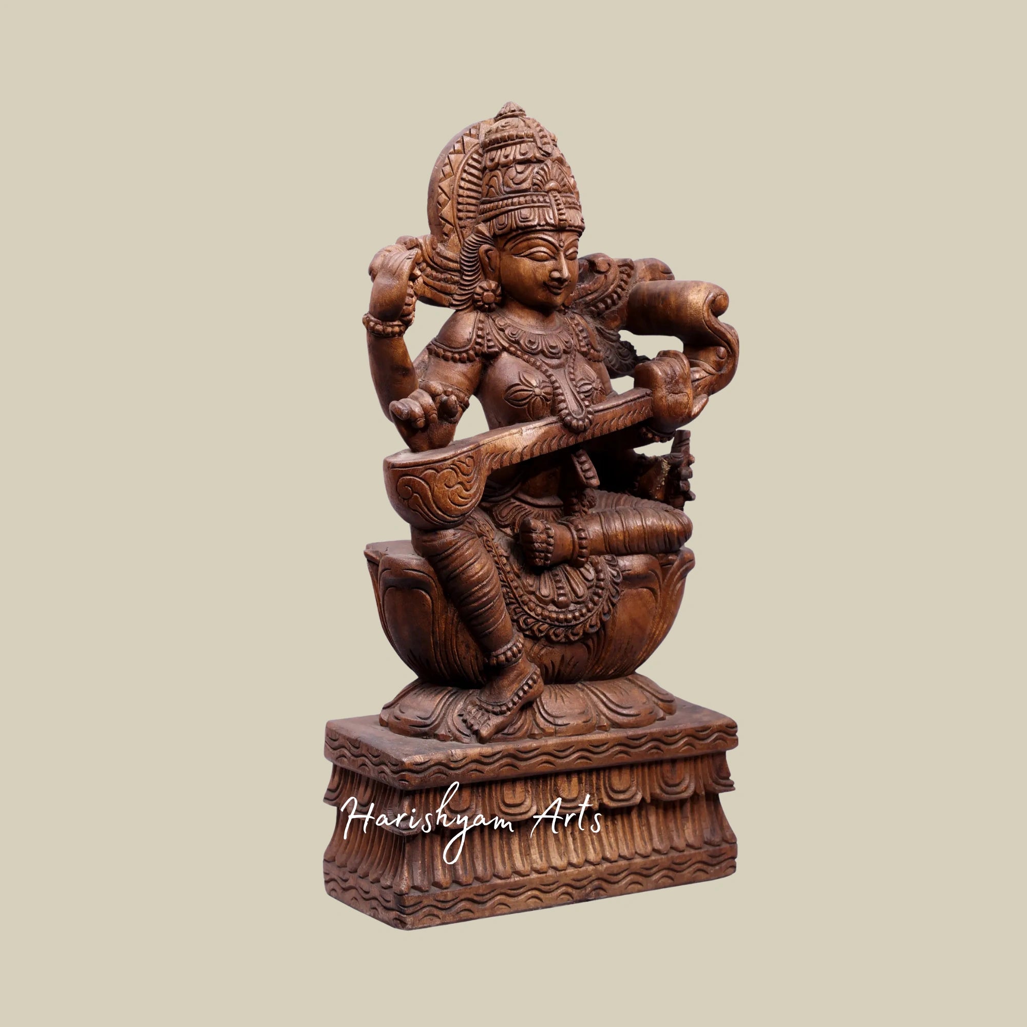 24" Wood Carved Goddess Saraswati Seated on Lotus with Veena4