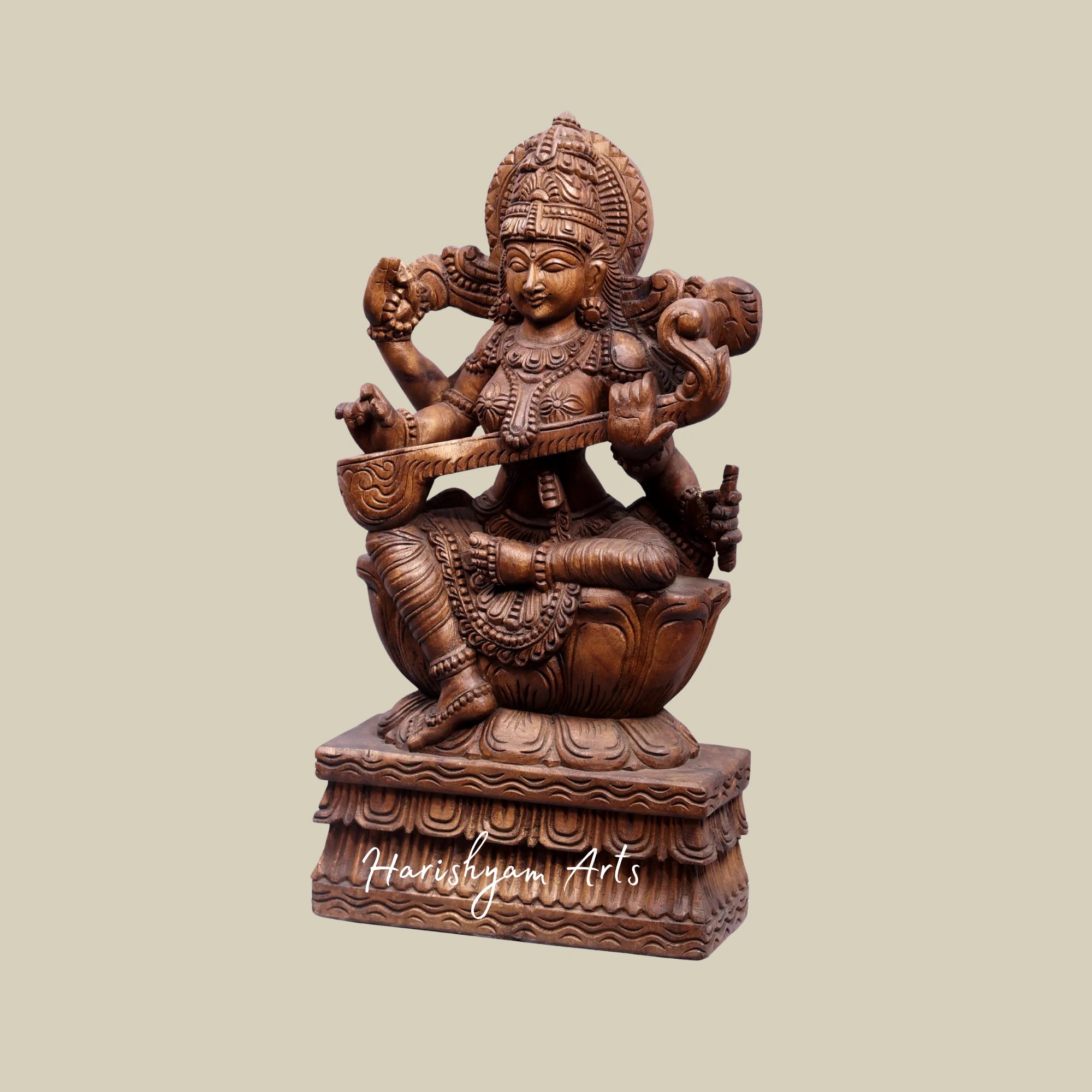 24" Wood Carved Goddess Saraswati Seated on Lotus with Veena5