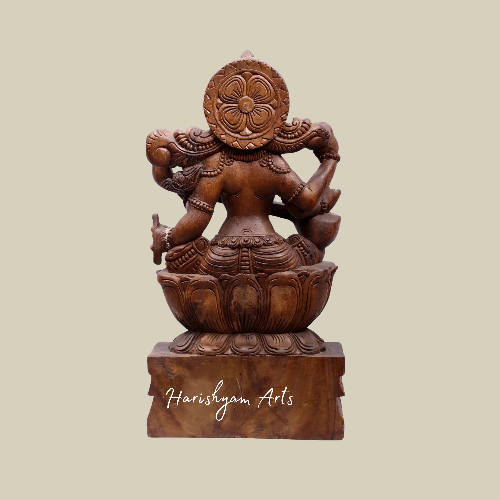 24" Wood Carved Goddess Saraswati Seated on Lotus with Veena6