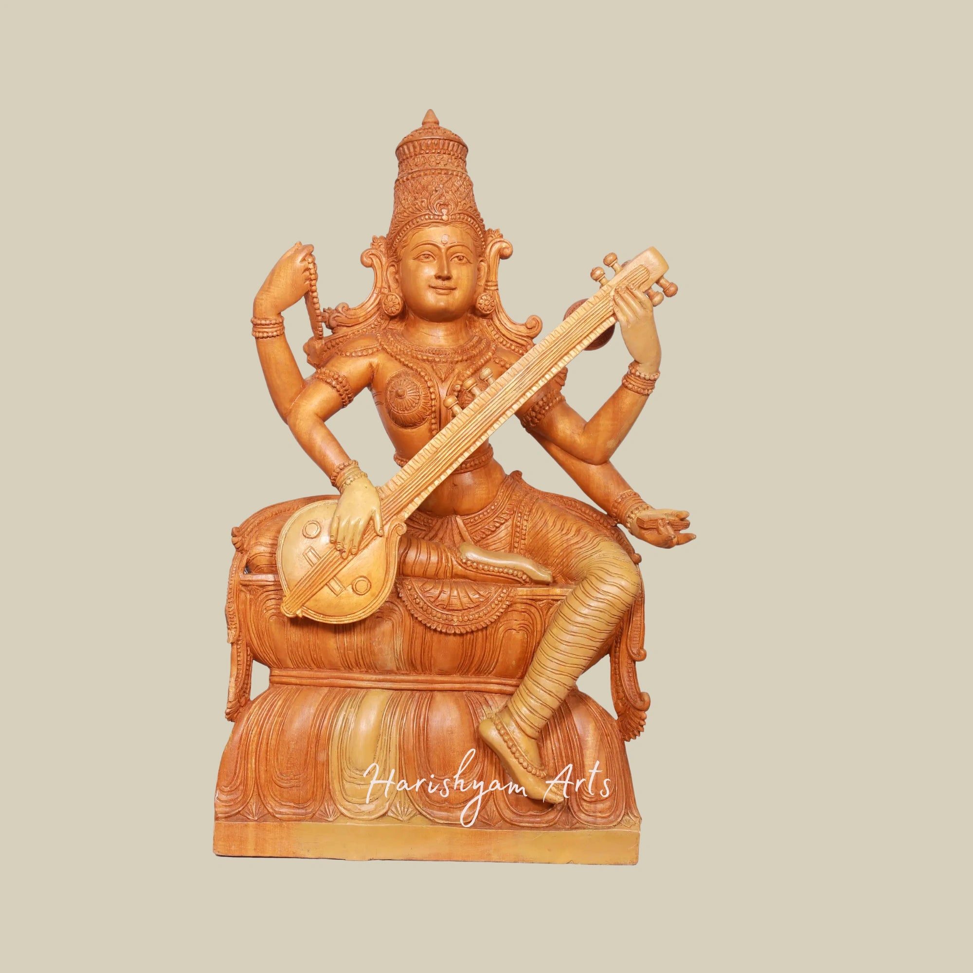 24" Wooden Artisan Carved Veena Saraswati Statue