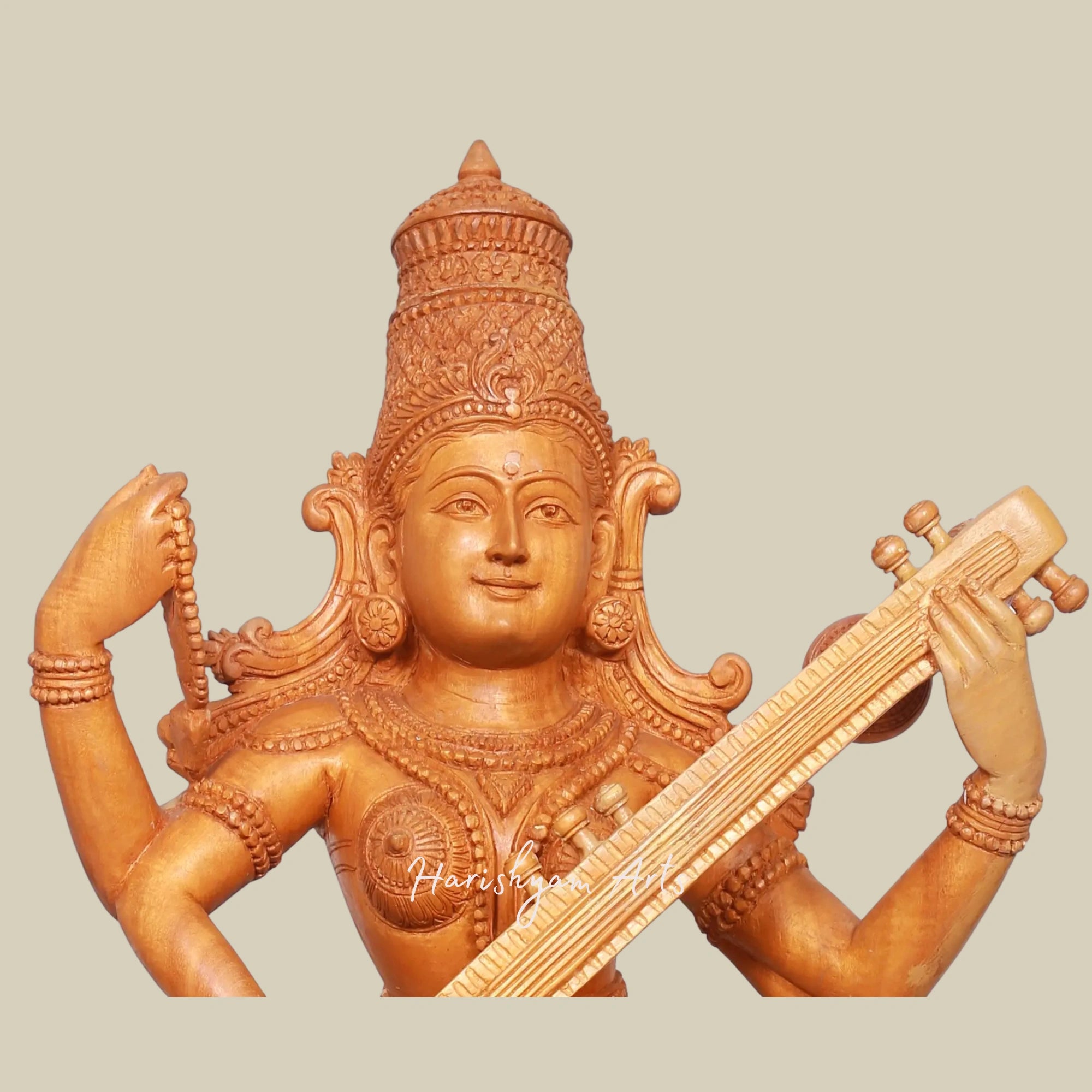 24" Wooden Artisan Carved Veena Saraswati Statue1