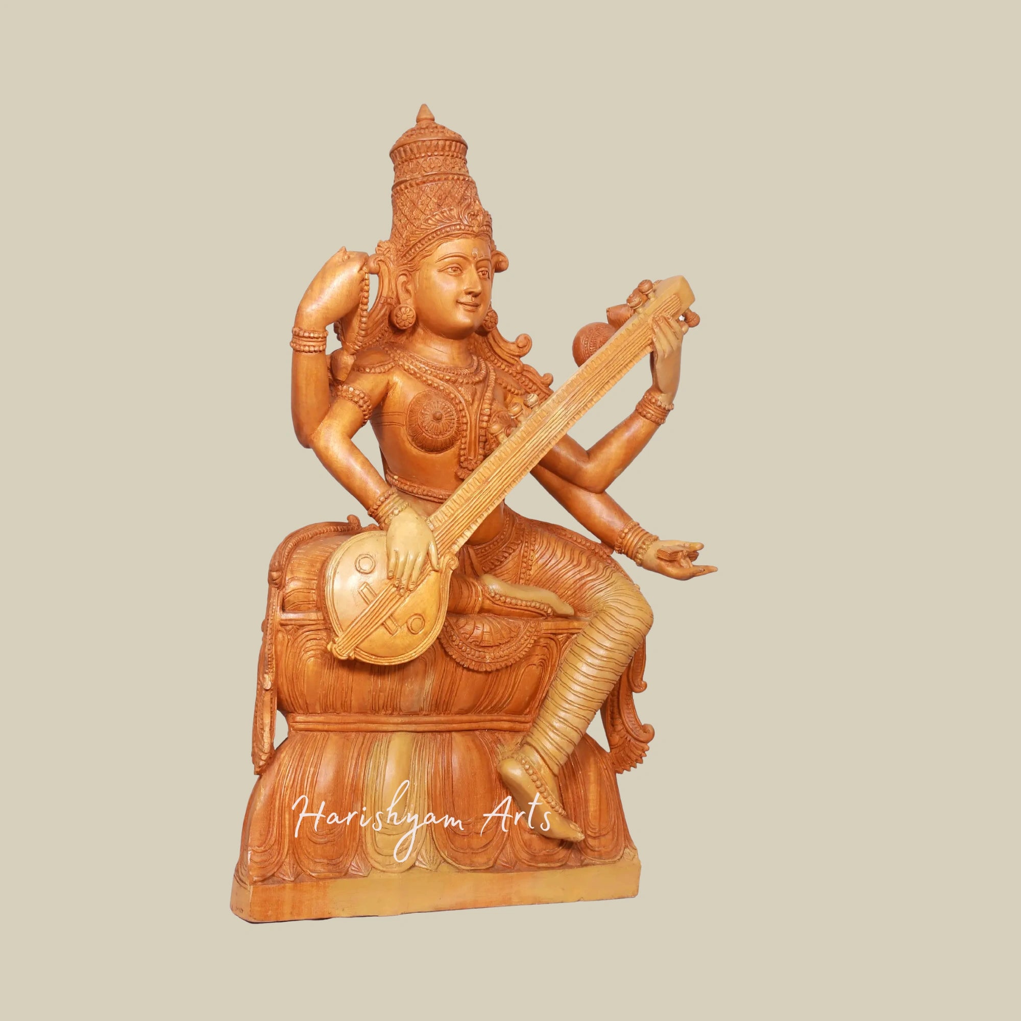 24" Wooden Artisan Carved Veena Saraswati Statue3
