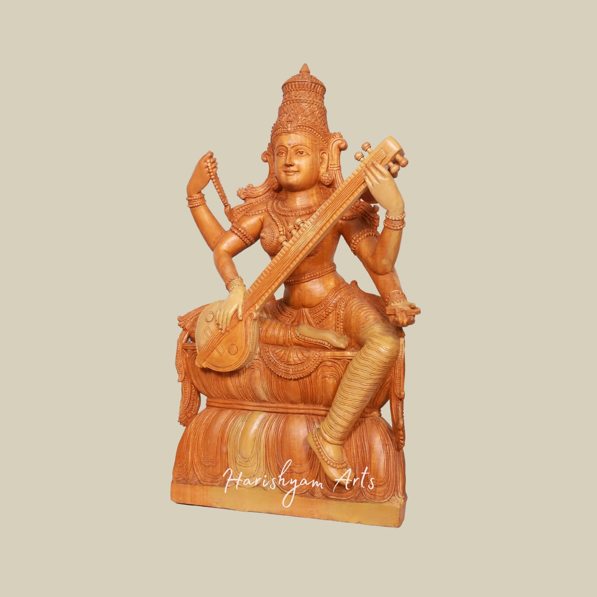 24" Wooden Artisan Carved Veena Saraswati Statue4