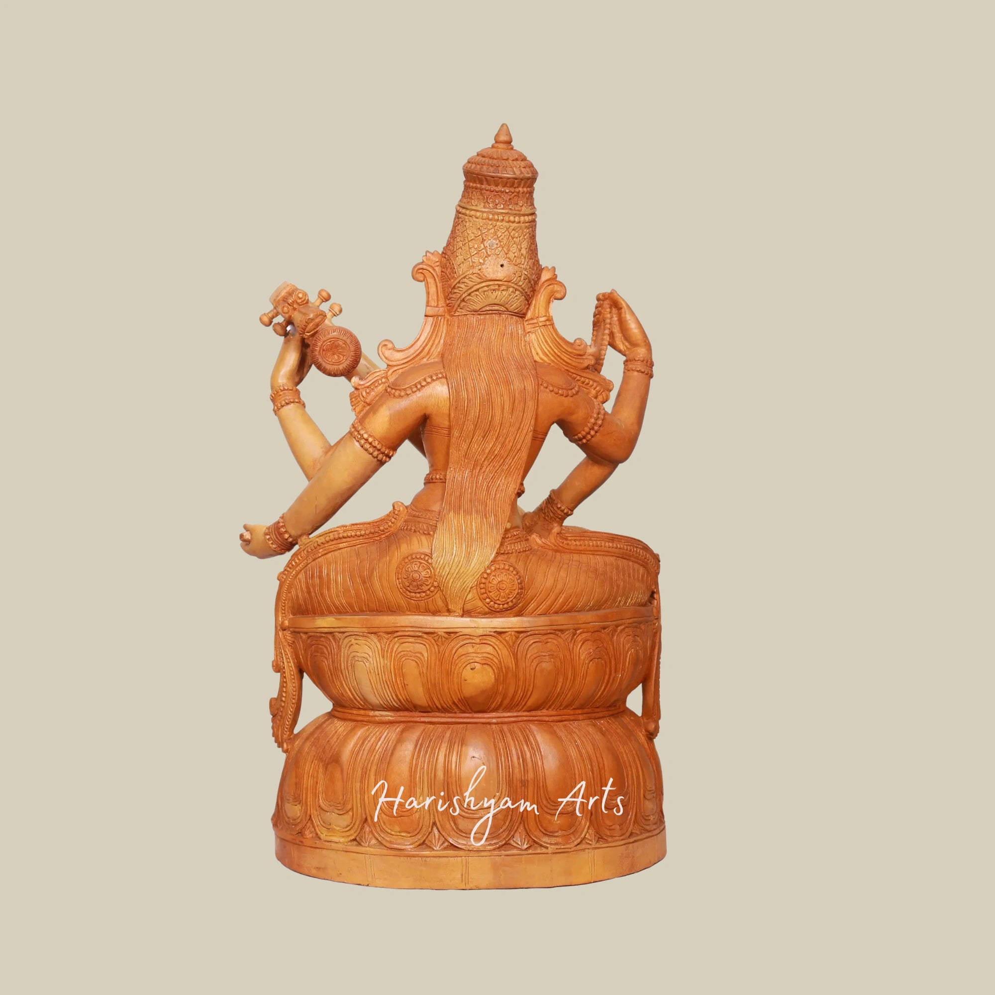 24" Wooden Artisan Carved Veena Saraswati Statue5