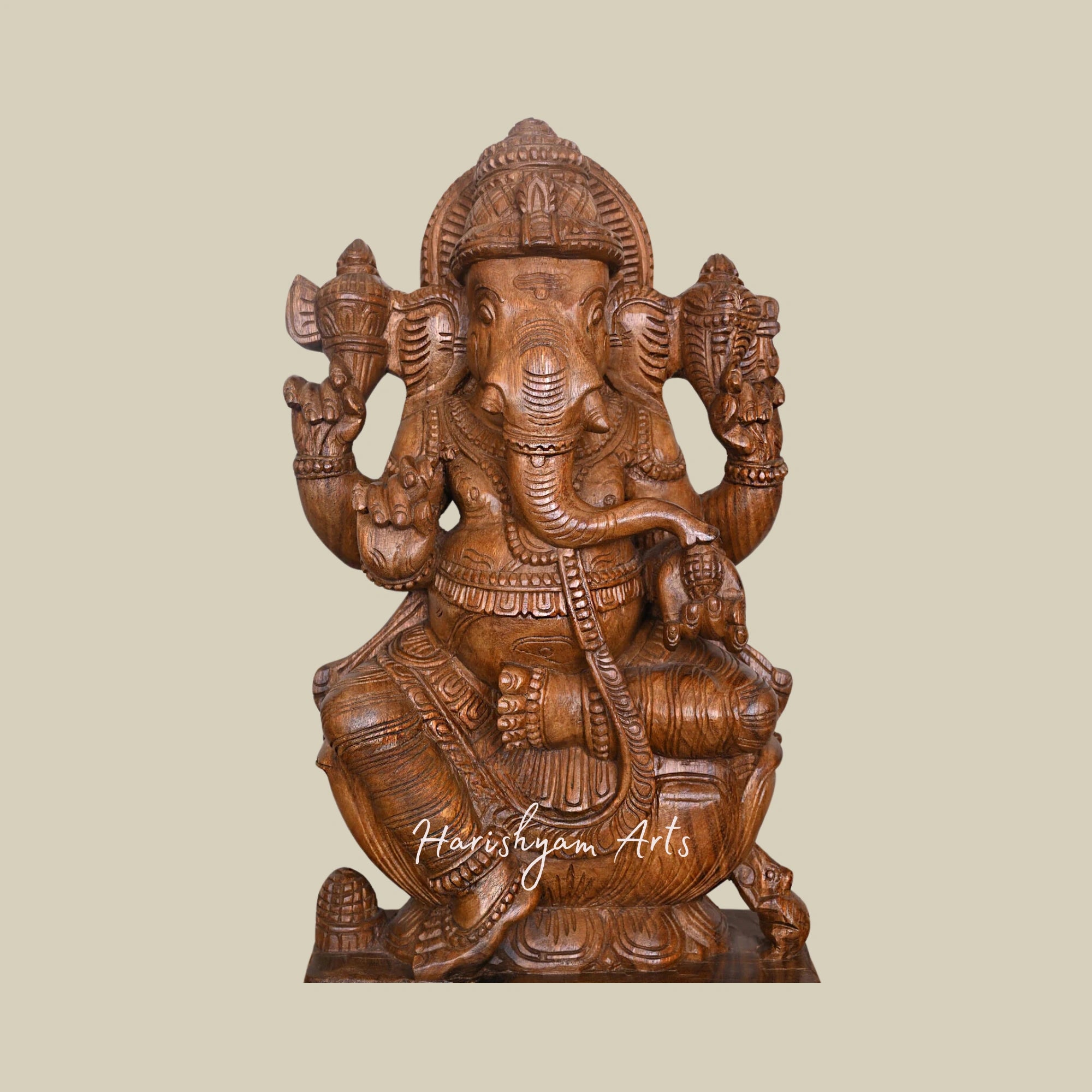 24" Wooden Ganesha Statue with Fine Detailing