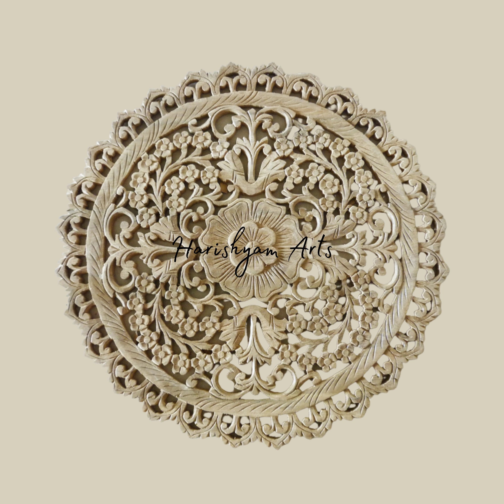 24" Traditional Floral circular wood carving wall panel
