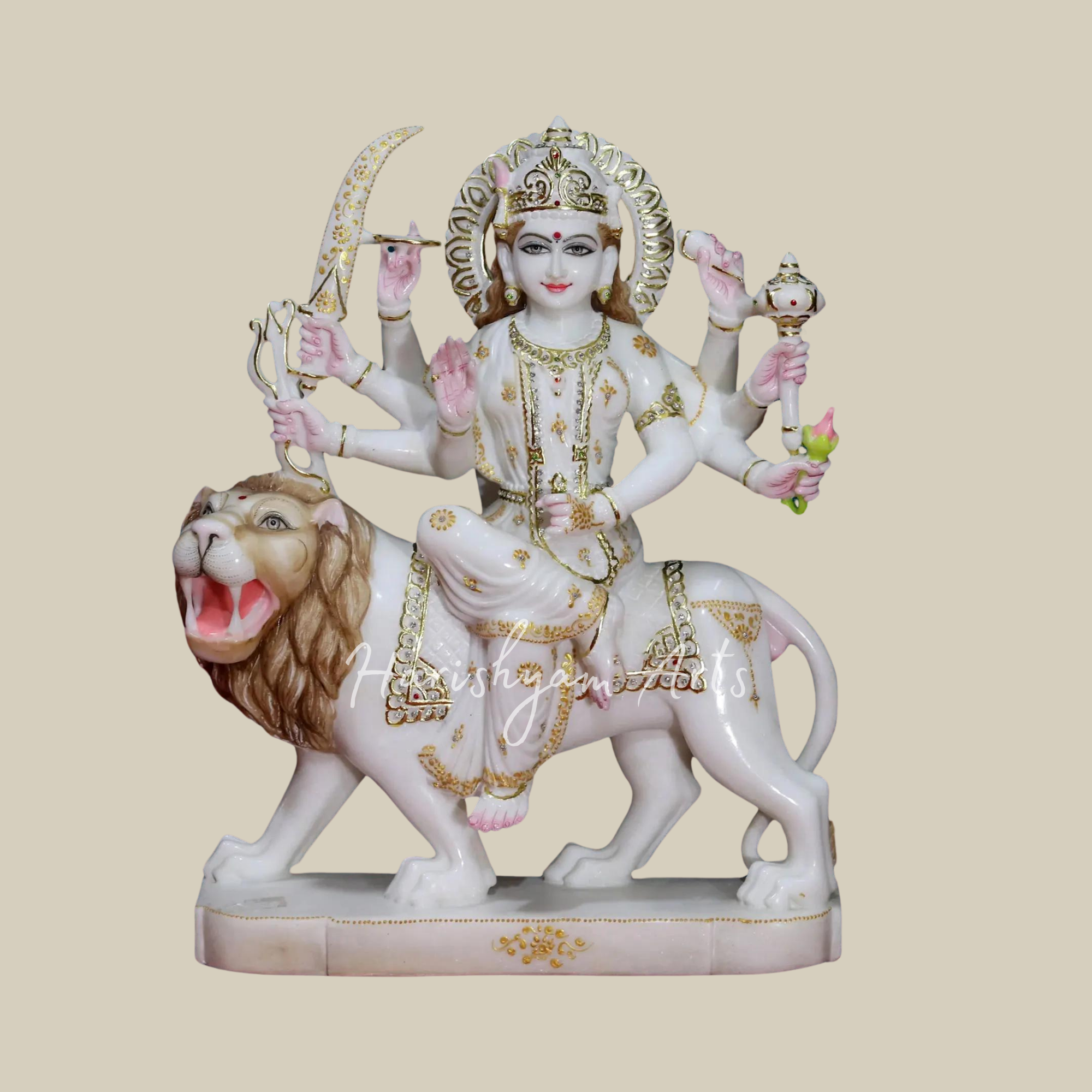 24" Durga Maa Seated On Lion Makrana Marble Statue