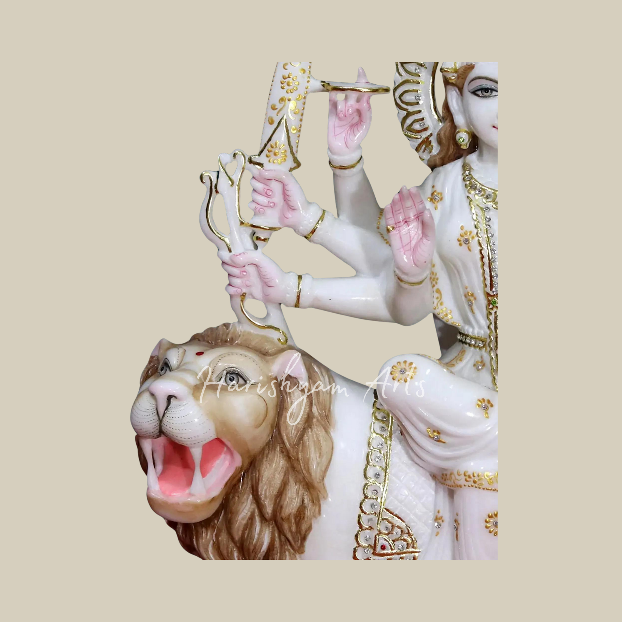 24" Durga Maa Seated On Lion Makrana Marble Statue