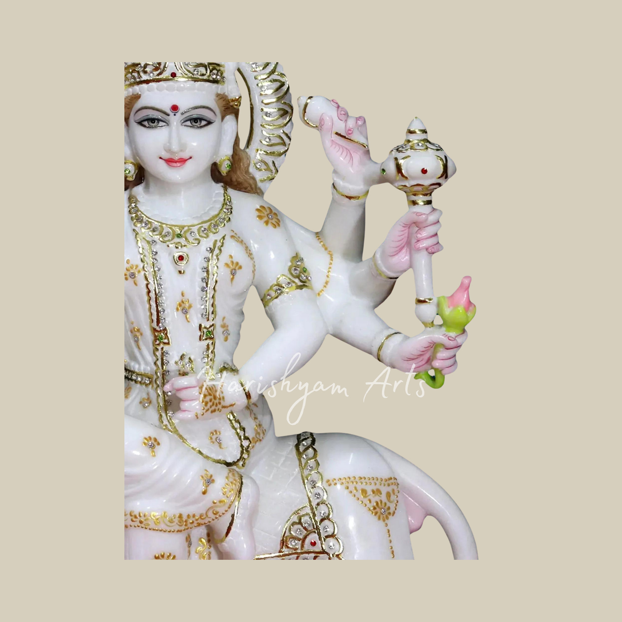 24" Durga Maa Seated On Lion Makrana Marble Statue