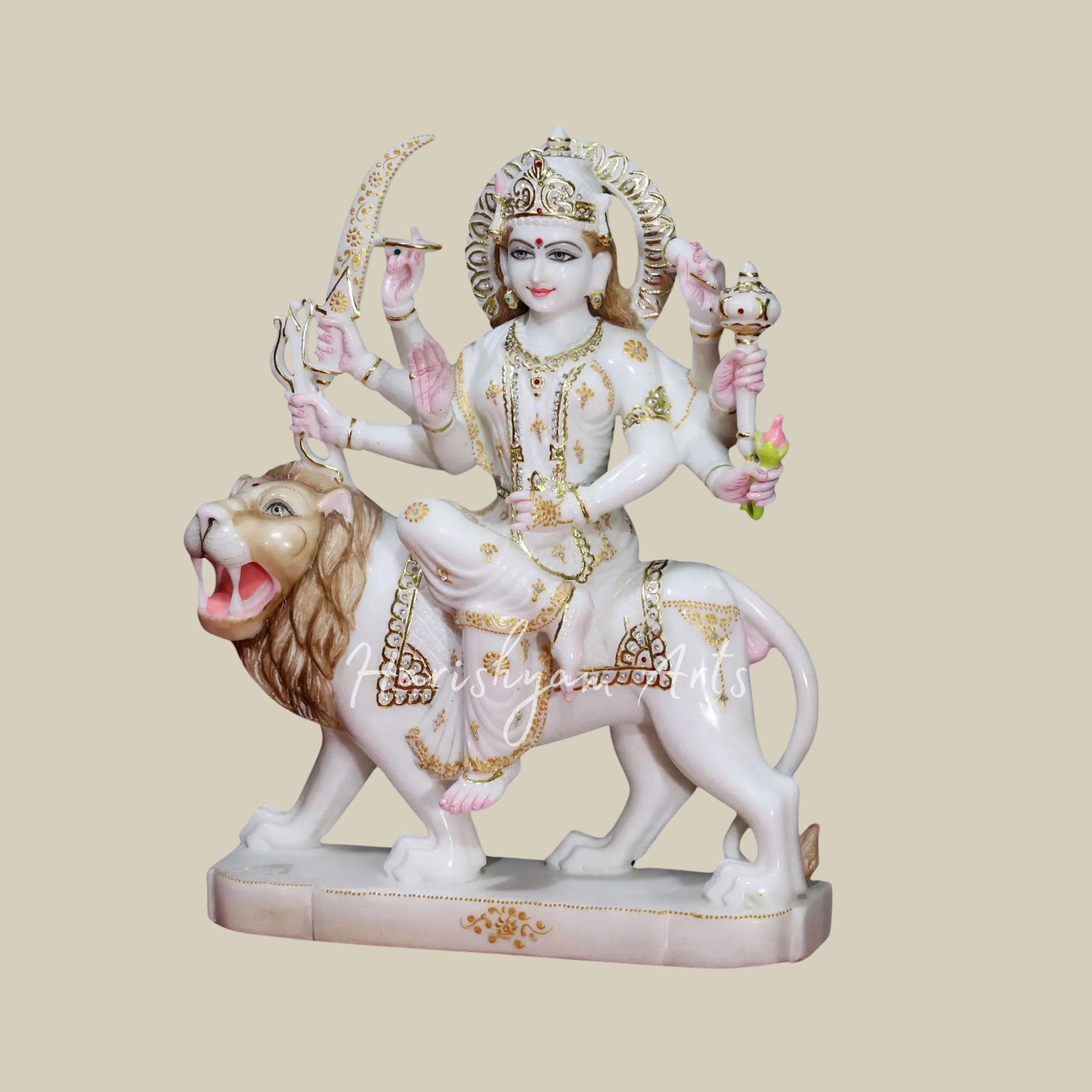 24" Durga Maa Seated On Lion Makrana Marble Statue