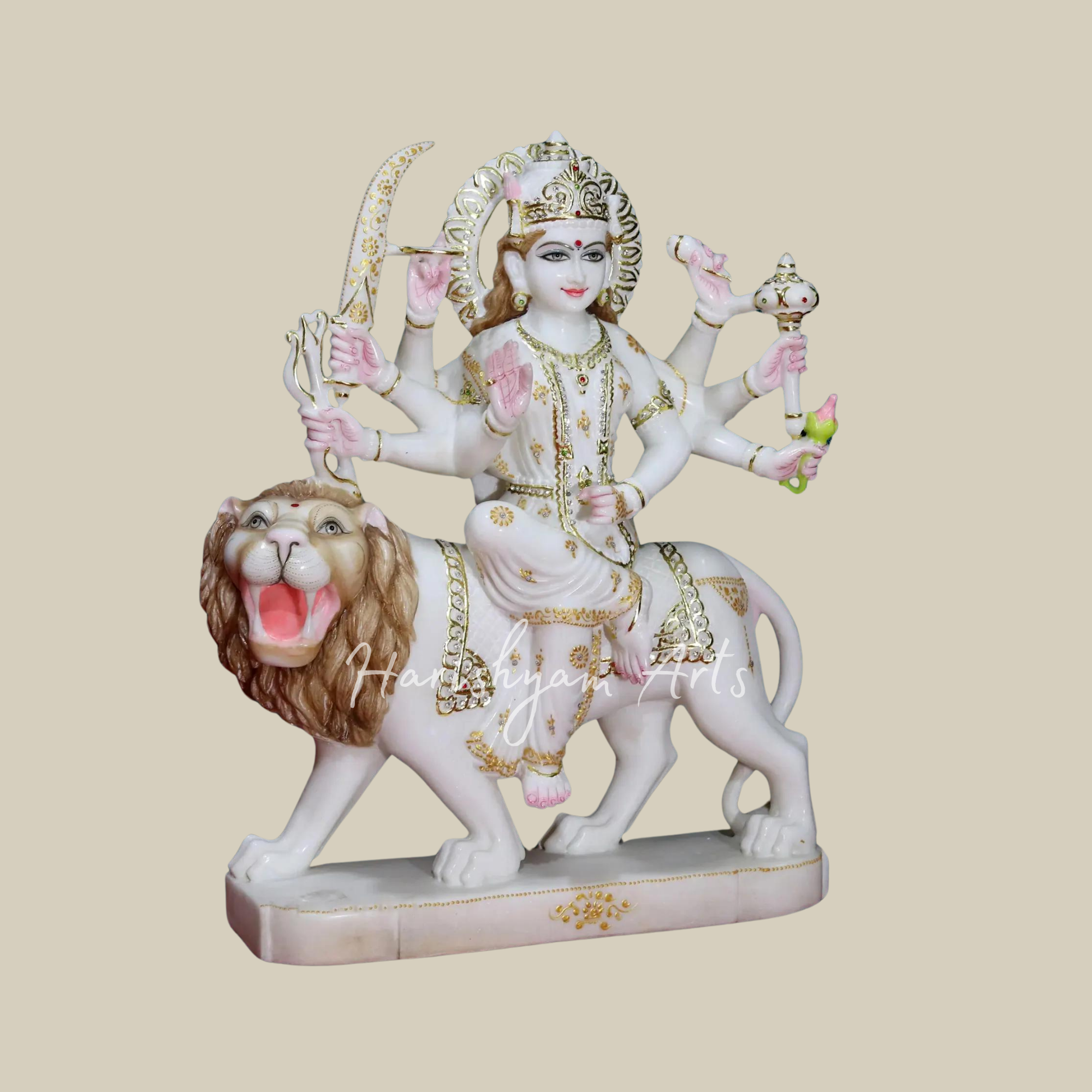 24" Durga Maa Seated On Lion Makrana Marble Statue