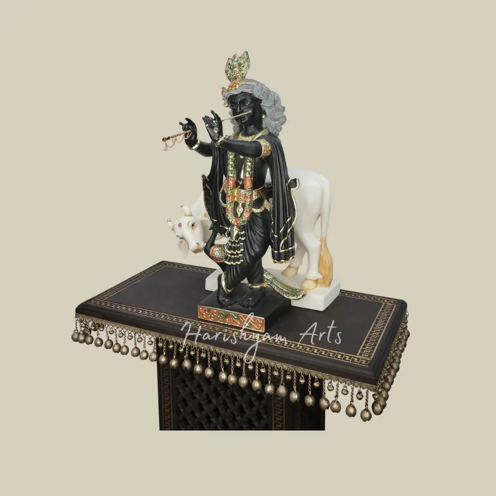 24" Fluting Krishna with His Cow Black Marble Deity