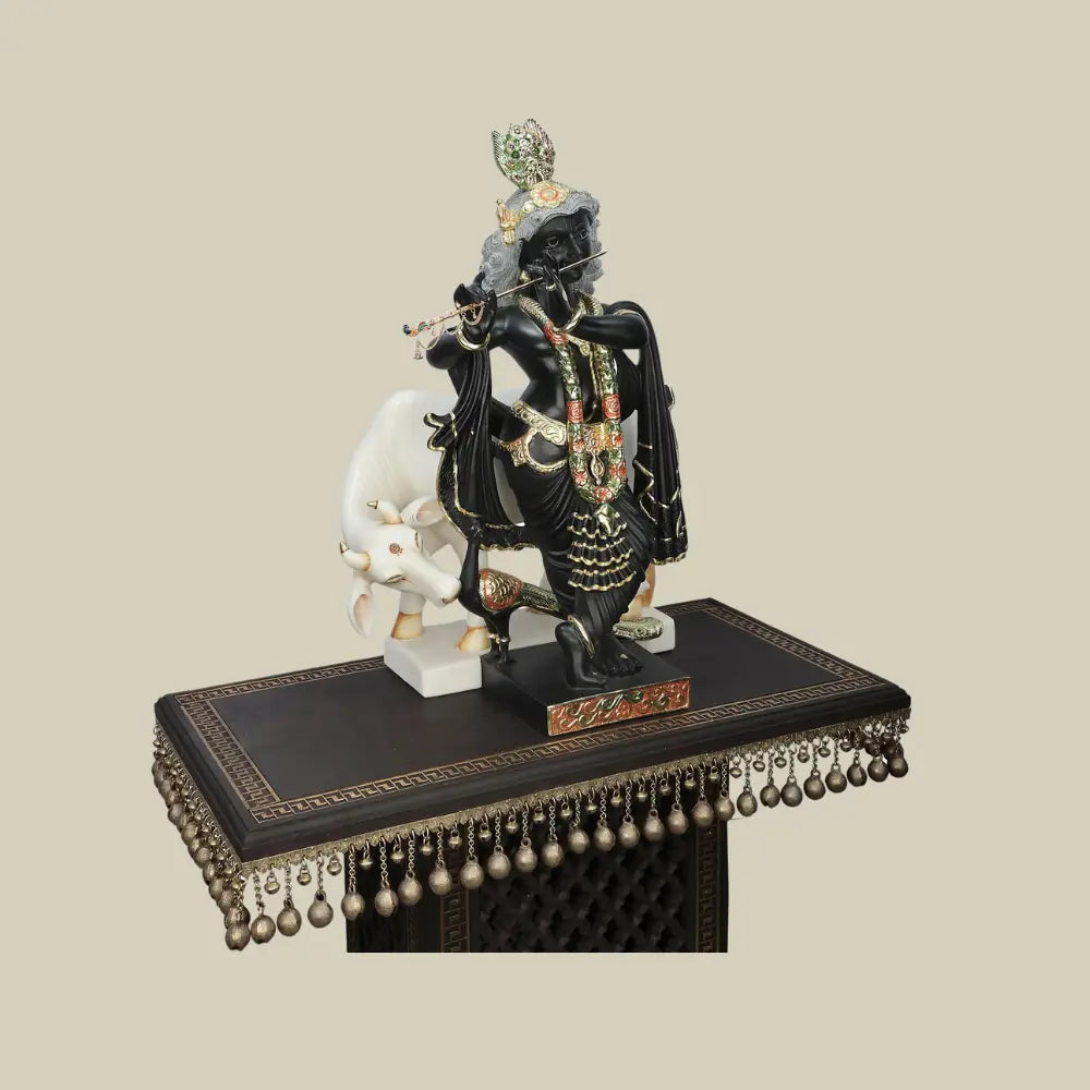 24" Fluting Krishna with His Cow Black Marble Deity