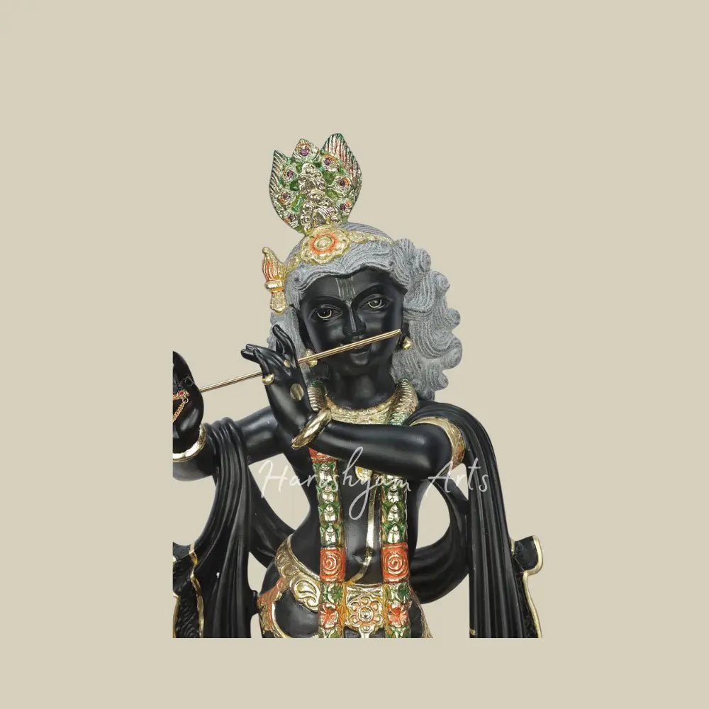 24" Fluting Krishna with His Cow Black Marble Deity
