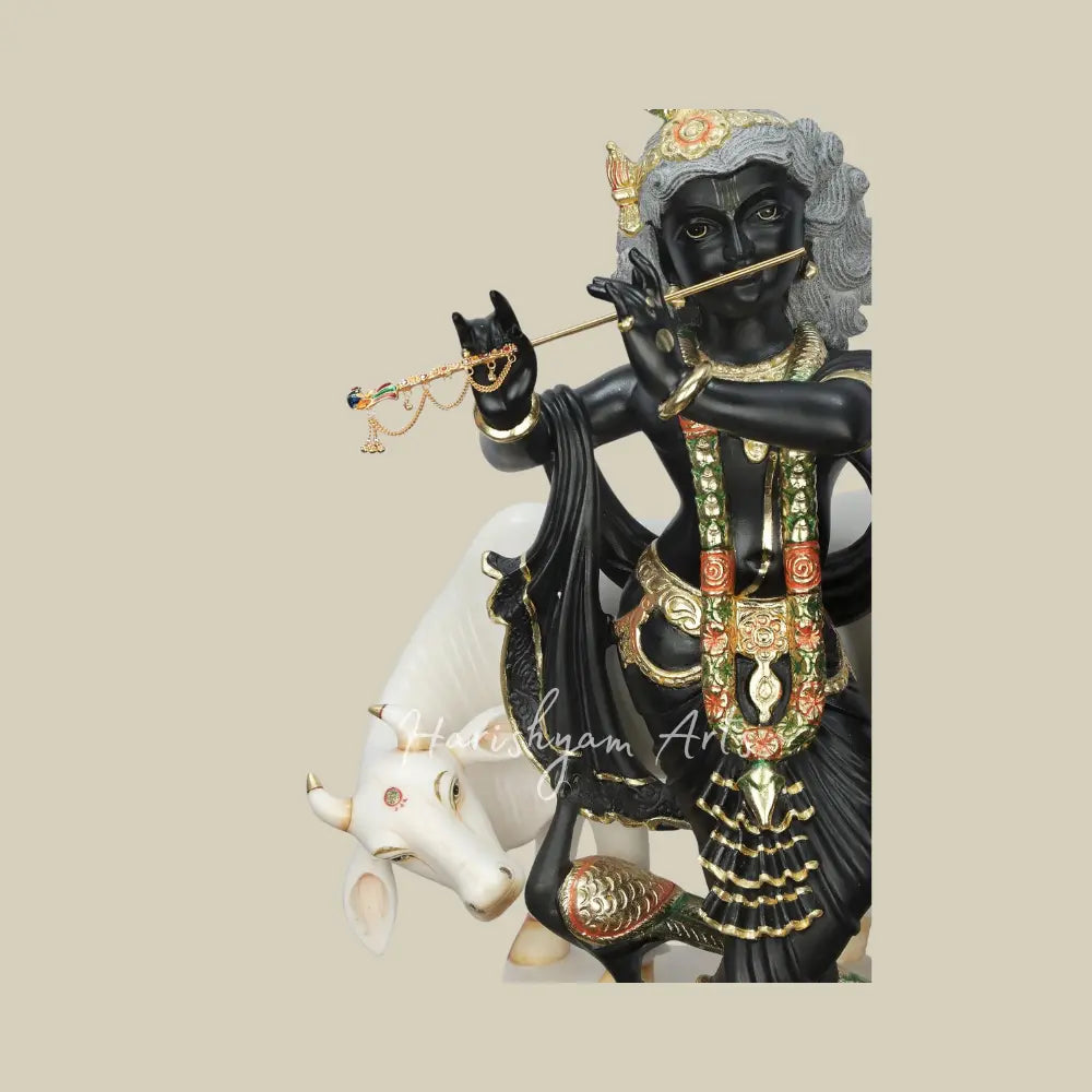 24" Fluting Krishna with His Cow Black Marble Deity