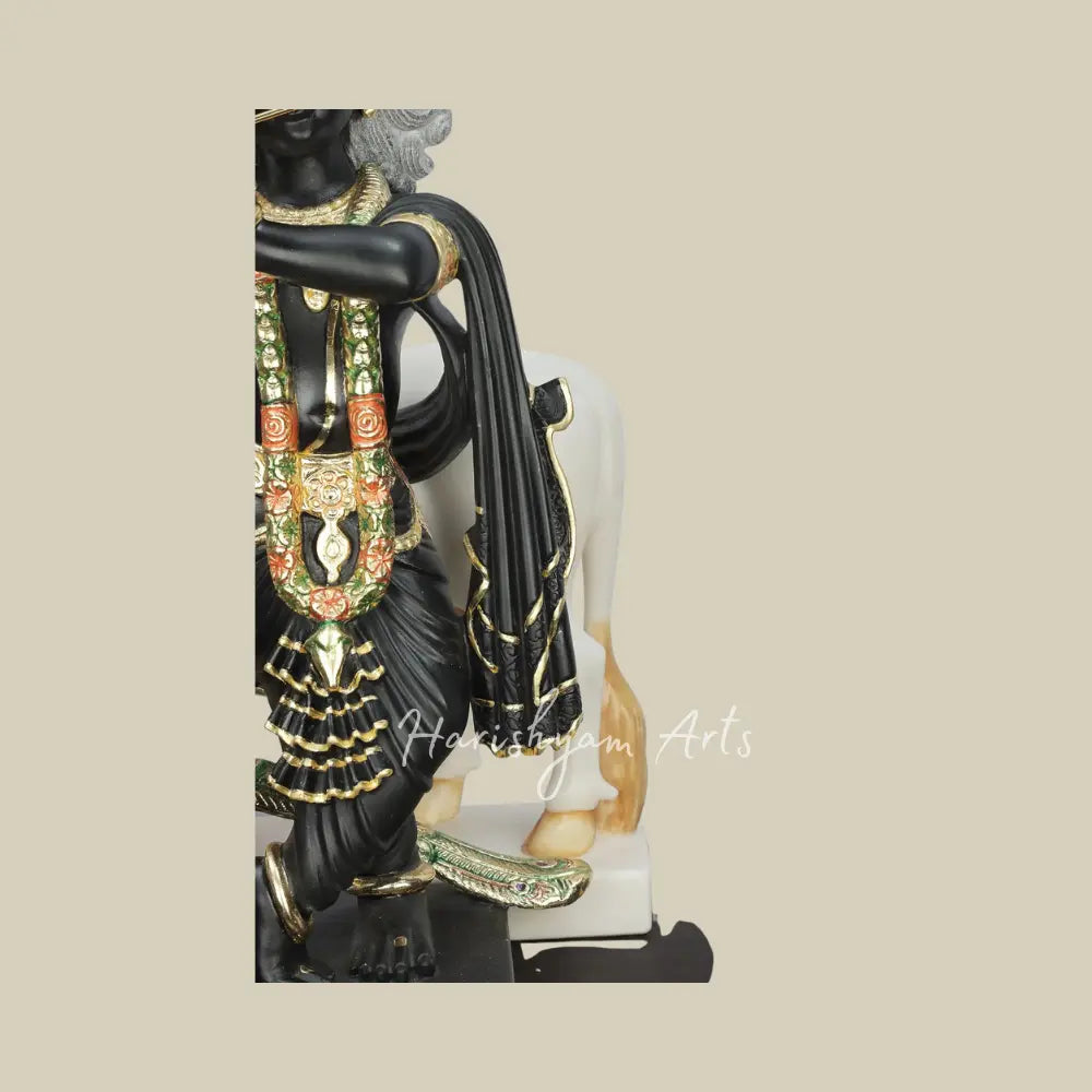 24" Fluting Krishna with His Cow Black Marble Deity