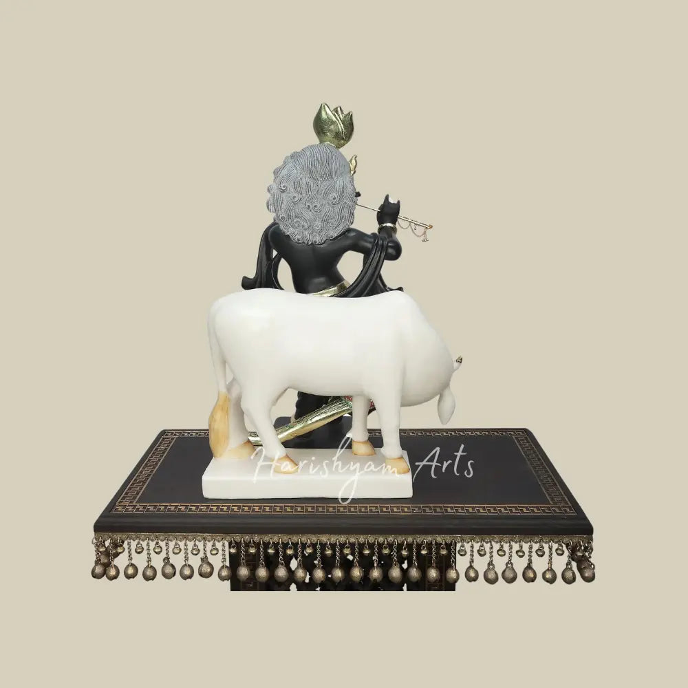 24" Fluting Krishna with His Cow Black Marble Deity