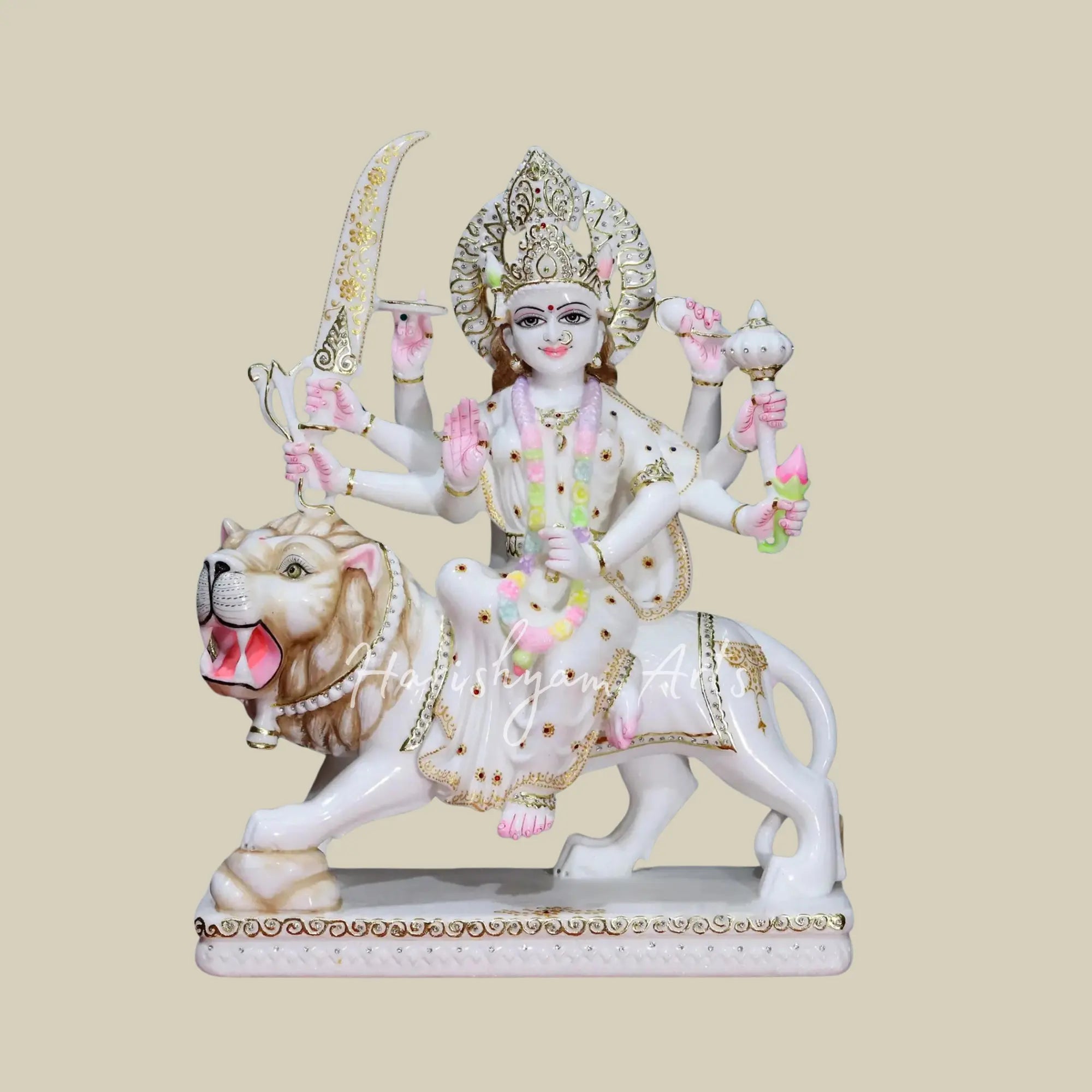 24" Marble Durga Mata Statue with Gold Leafing Work