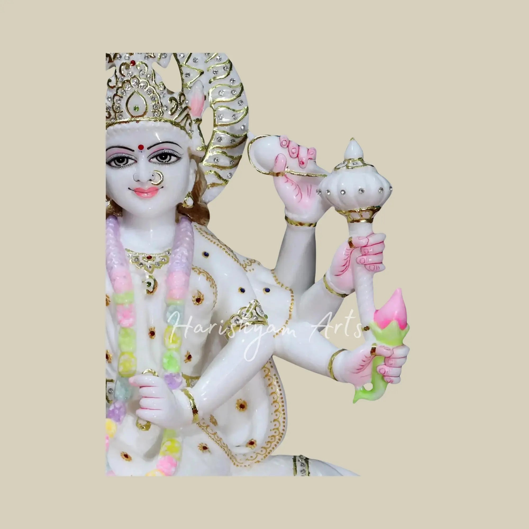 24" Marble Durga Mata Statue with Gold Leafing Work