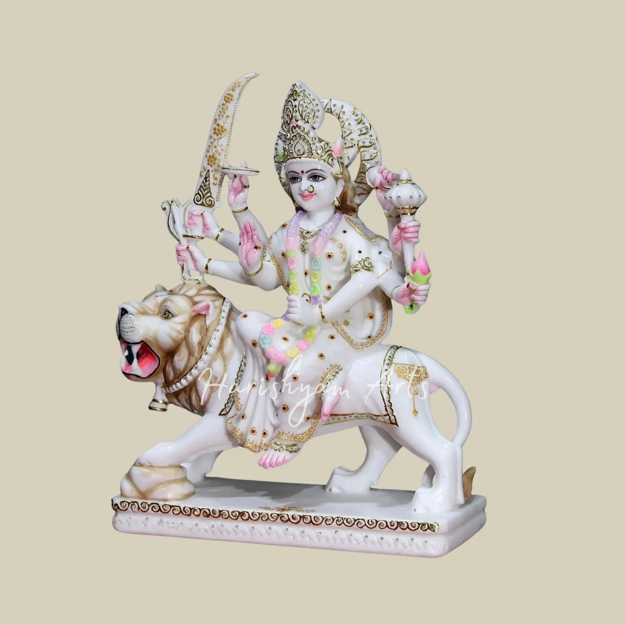 24" Marble Durga Mata Statue with Gold Leafing Work
