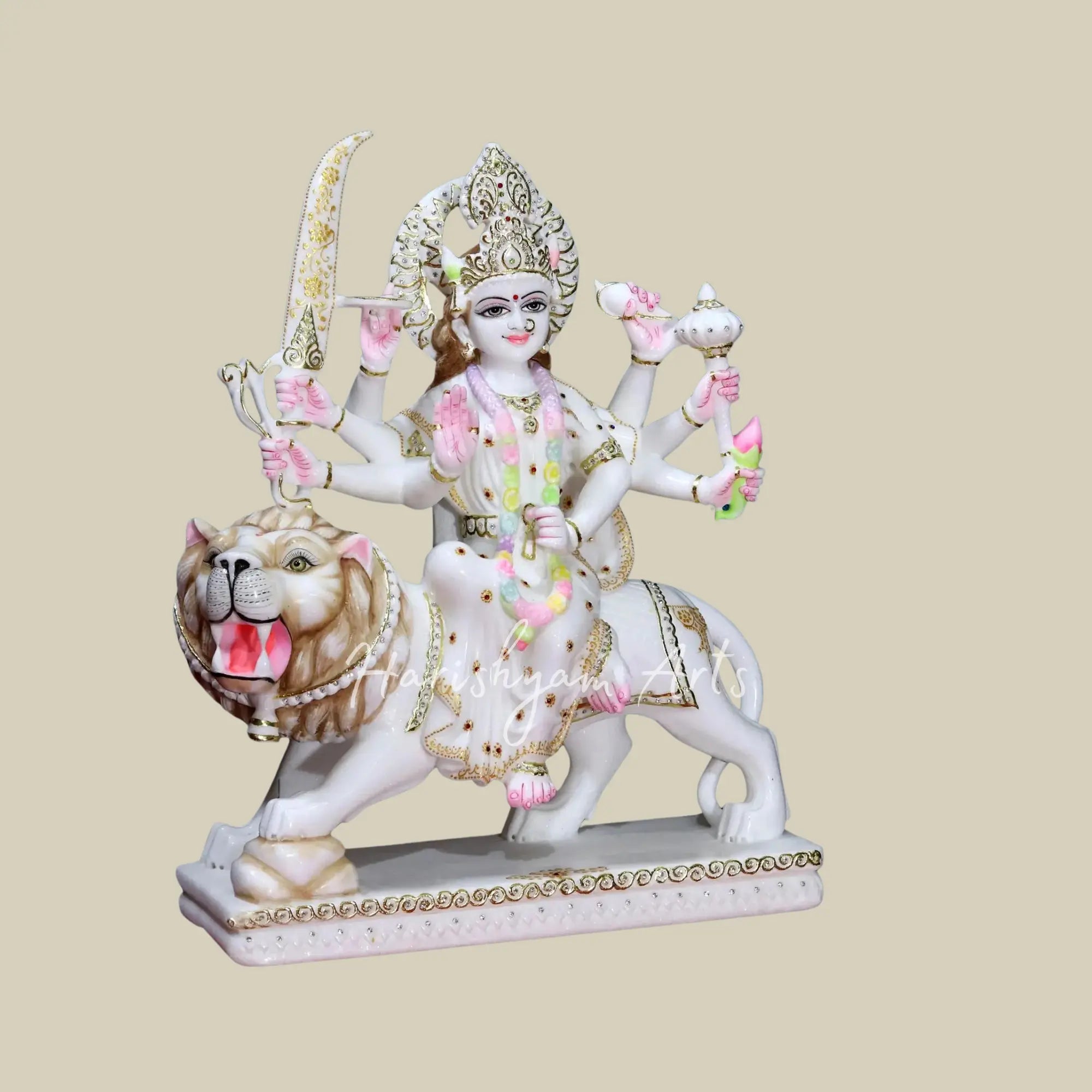24" Marble Durga Mata Statue with Gold Leafing Work