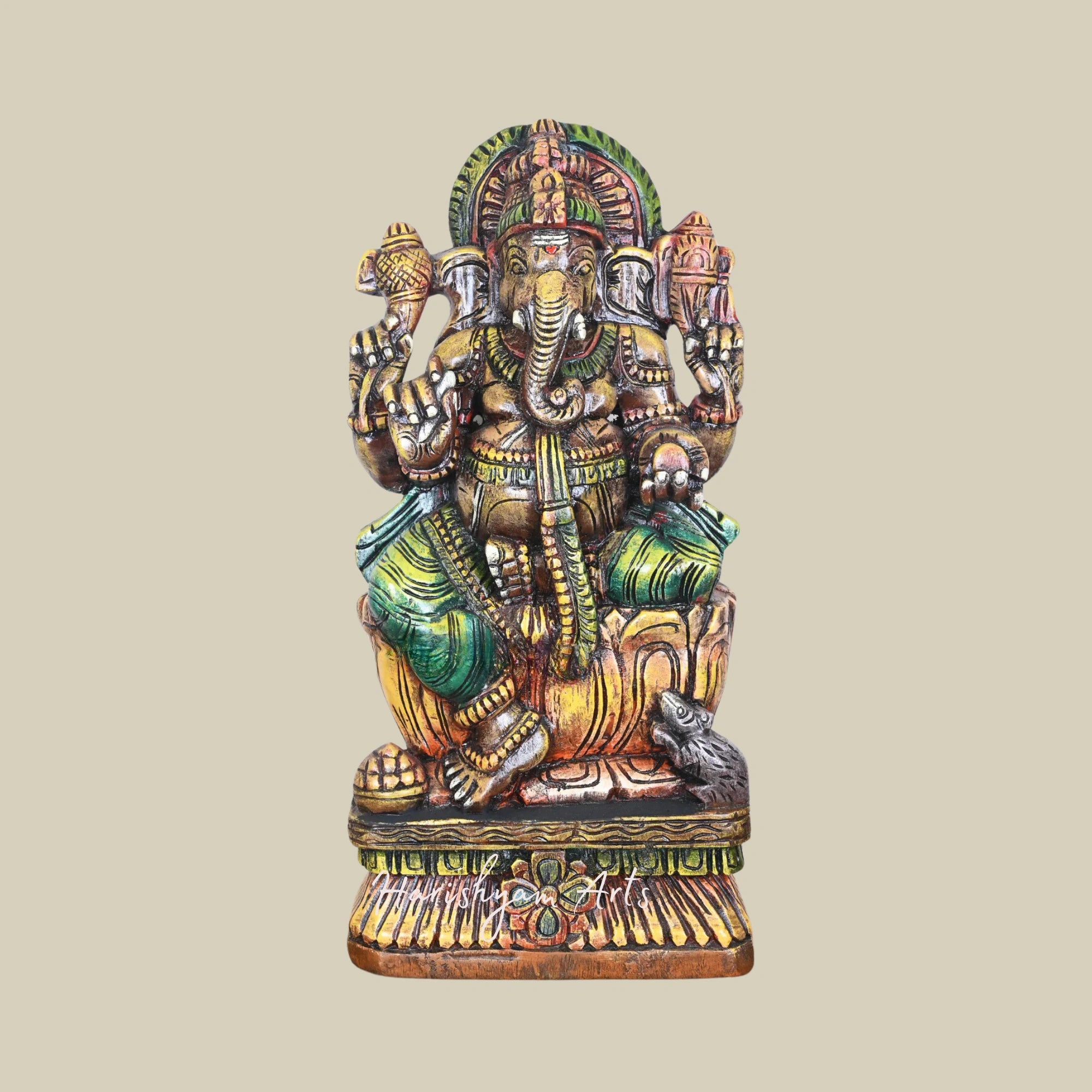 25" Classic Wooden Ganesha Sculpture with Soft-Toned Orange Lotus and Mild Painted Finish