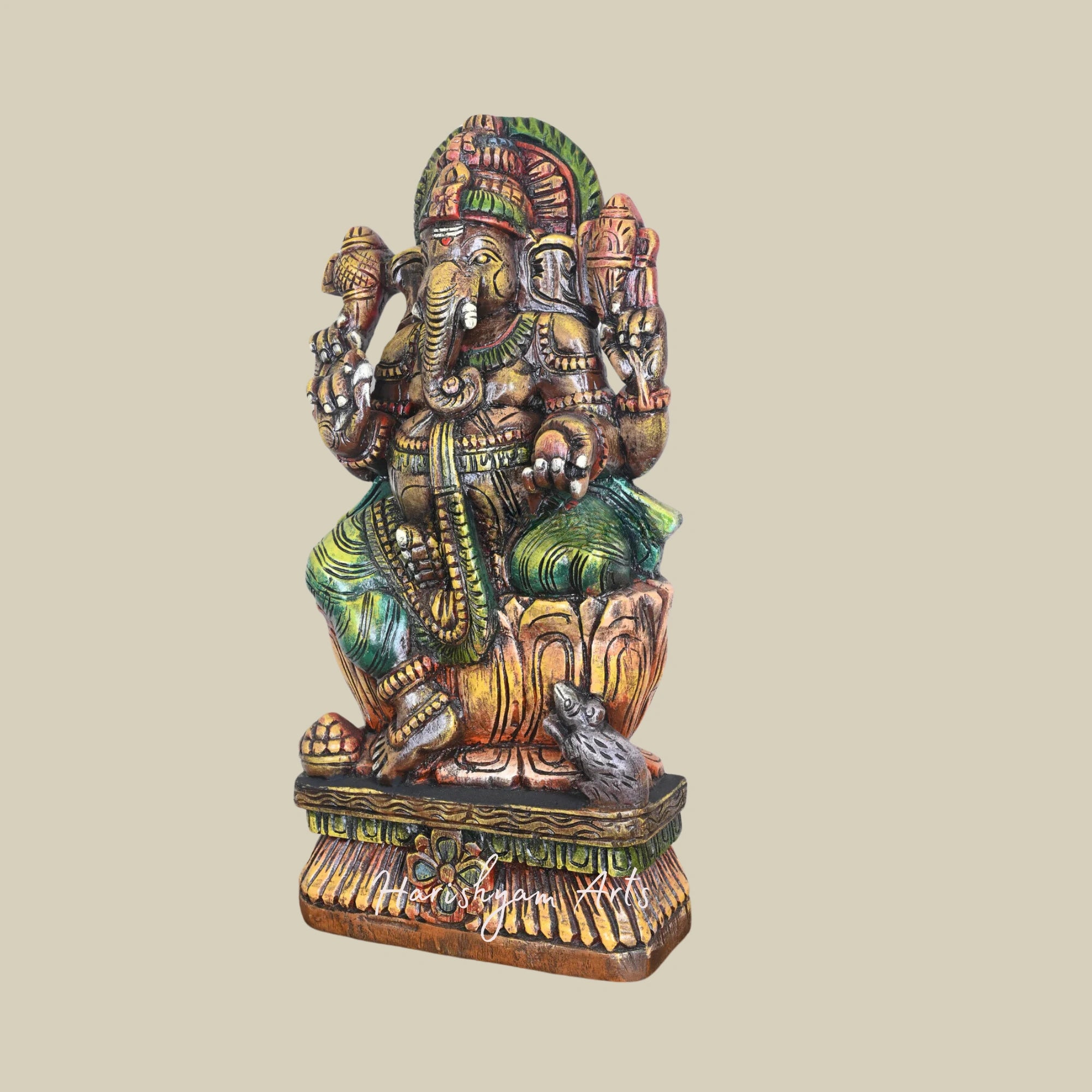 25" Classic Wooden Ganesha Sculpture with Soft-Toned Orange Lotus and Mild Painted Finish1