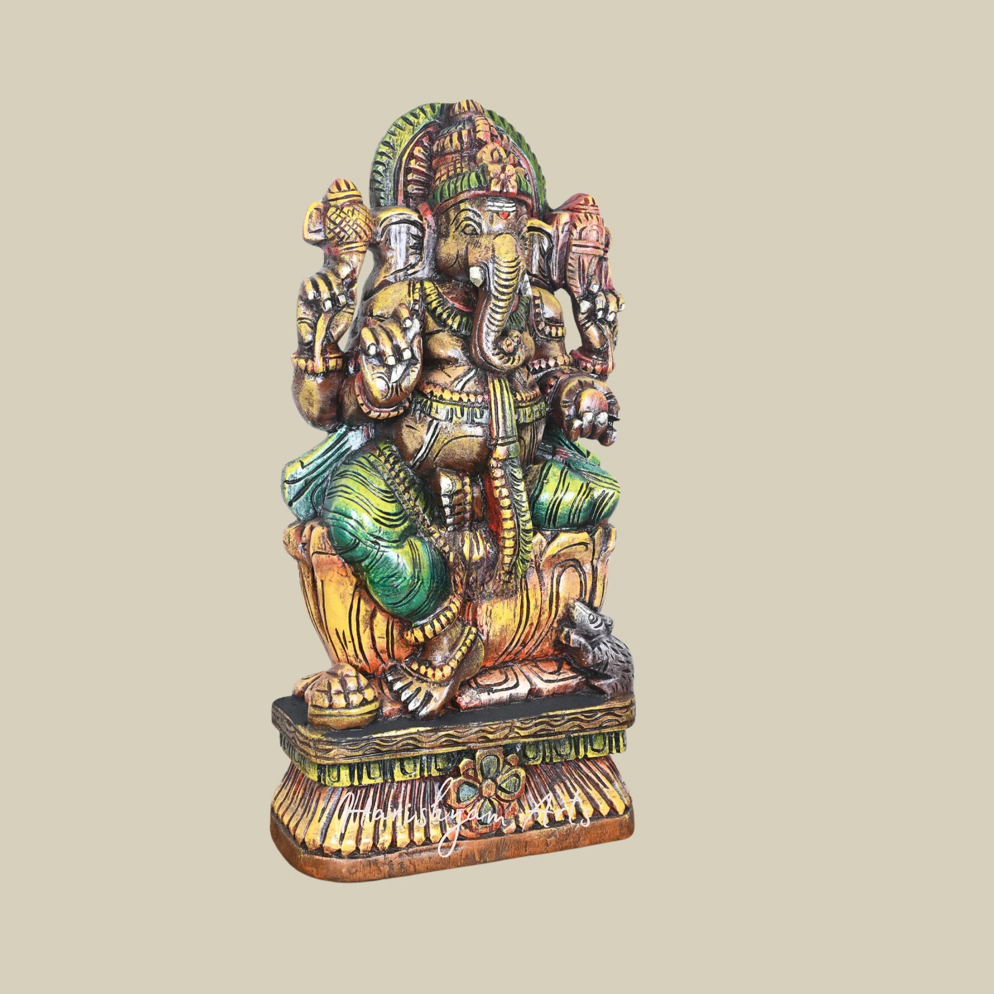 25" Classic Wooden Ganesha Sculpture with Soft-Toned Orange Lotus and Mild Painted Finish2