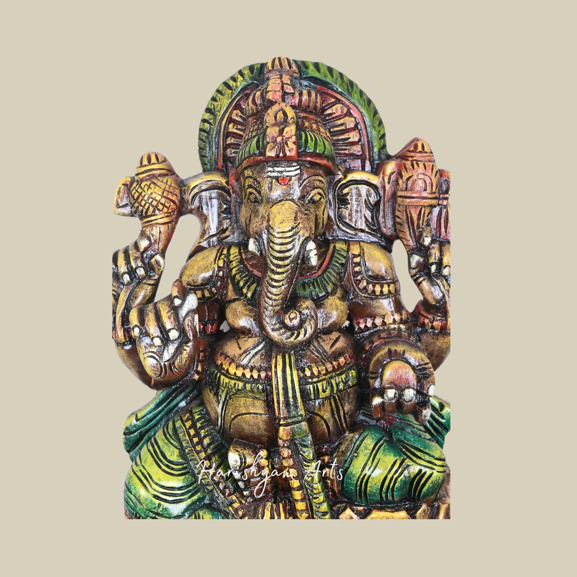25" Classic Wooden Ganesha Sculpture with Soft-Toned Orange Lotus and Mild Painted Finish3