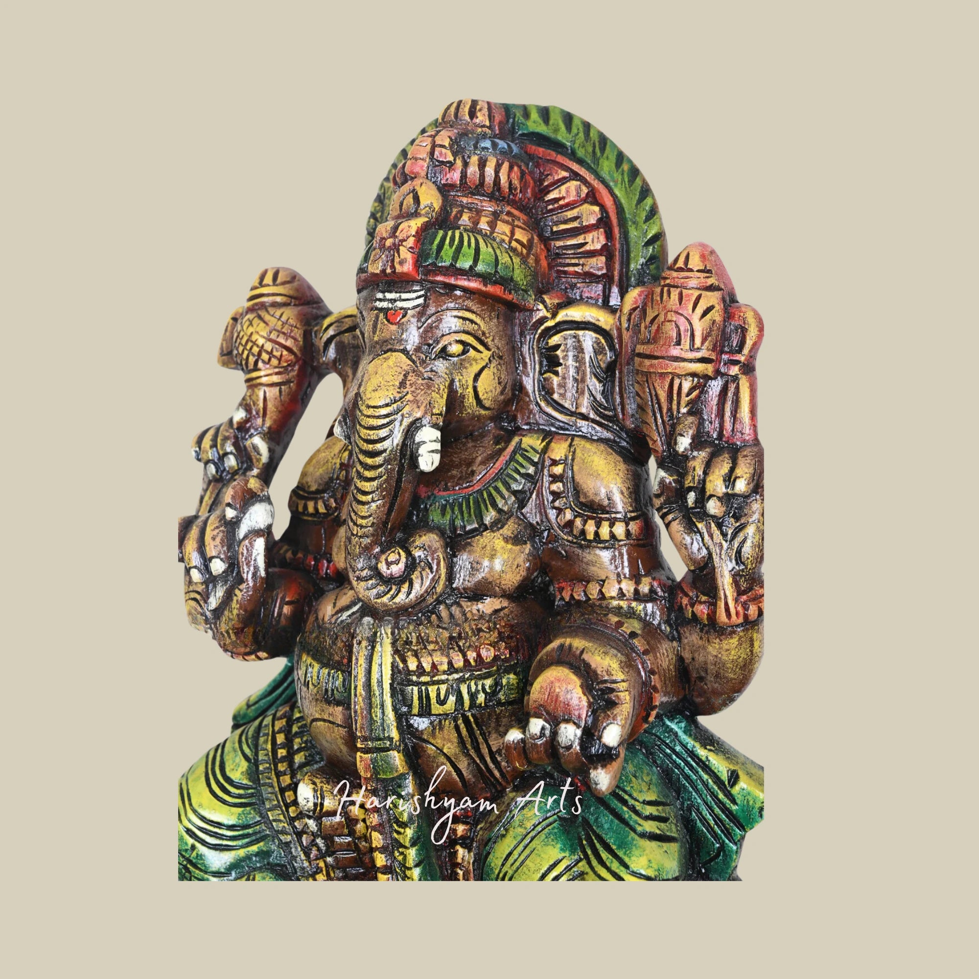 25" Classic Wooden Ganesha Sculpture with Soft-Toned Orange Lotus and Mild Painted Finish4