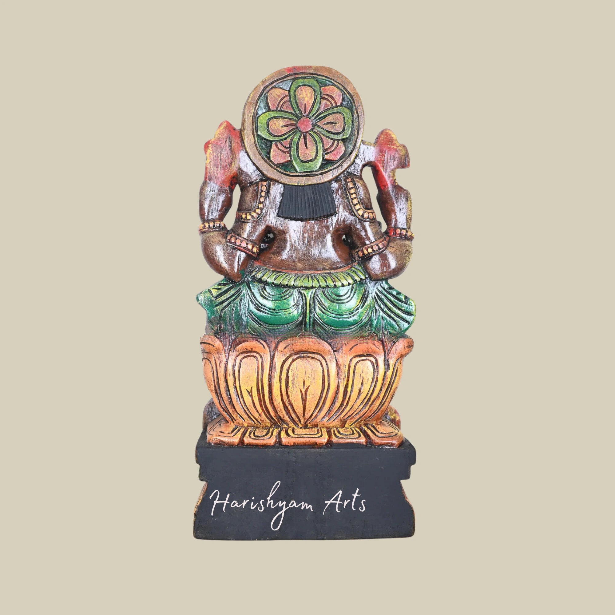 25" Classic Wooden Ganesha Sculpture with Soft-Toned Orange Lotus and Mild Painted Finish5