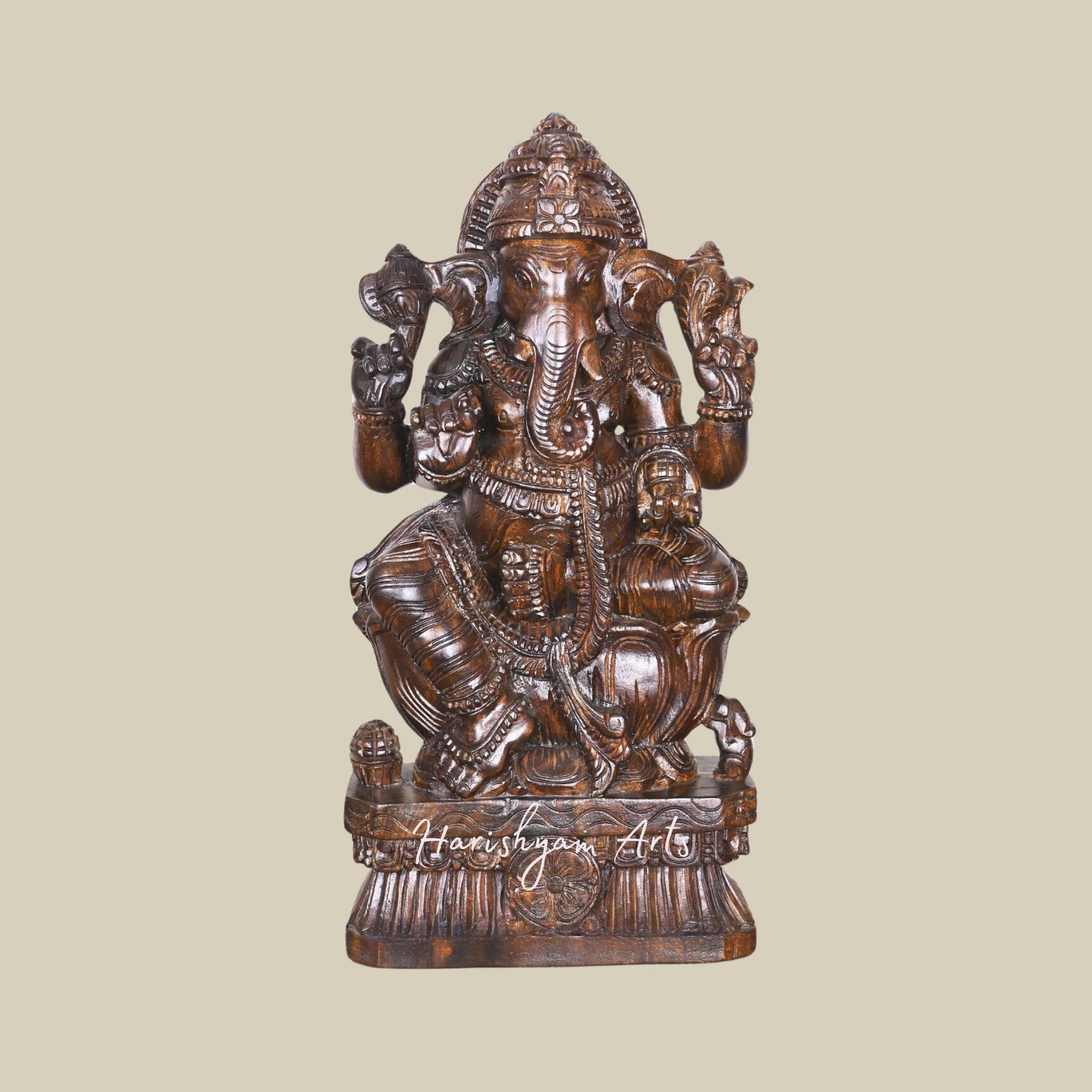 25" Large Wooden Ganesha Idol Four-Armed Maha Ganapathi on Lotus