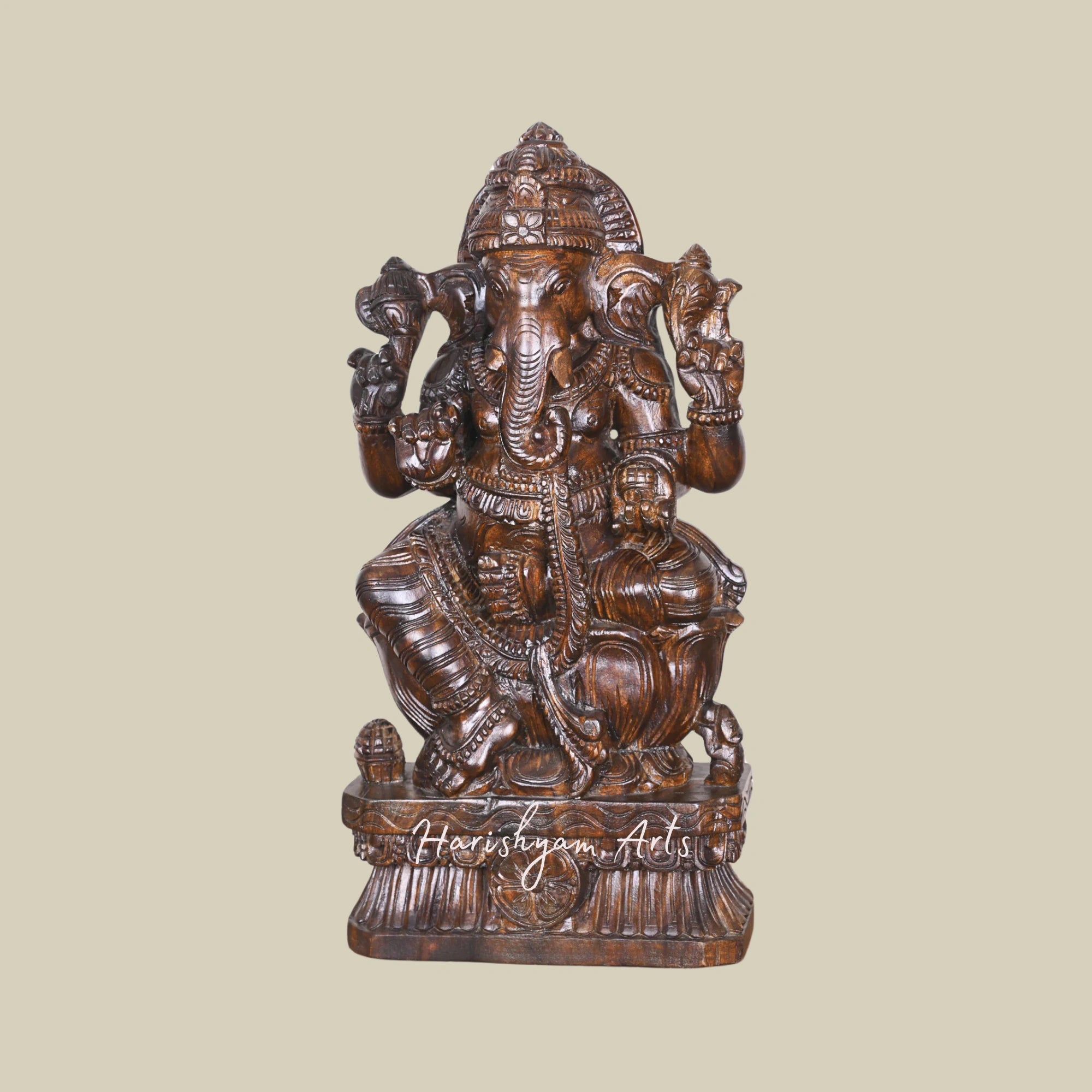 25" Large Wooden Ganesha Idol Four-Armed Maha Ganapathi on Lotus