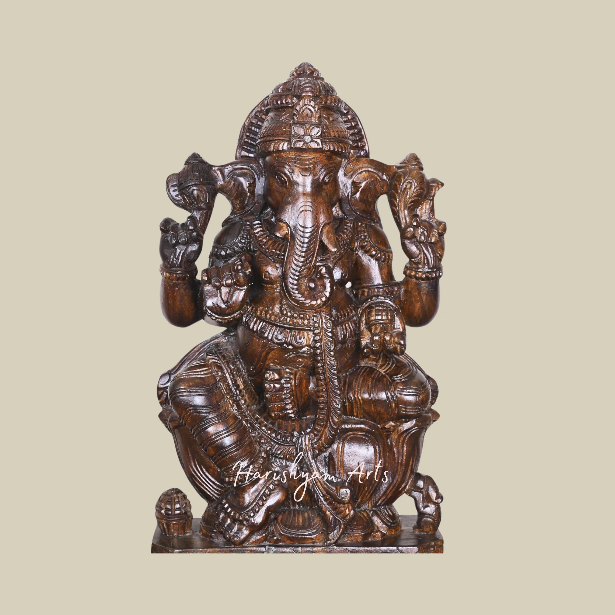 25" Large Wooden Ganesha Idol Four-Armed Maha Ganapathi on Lotus
