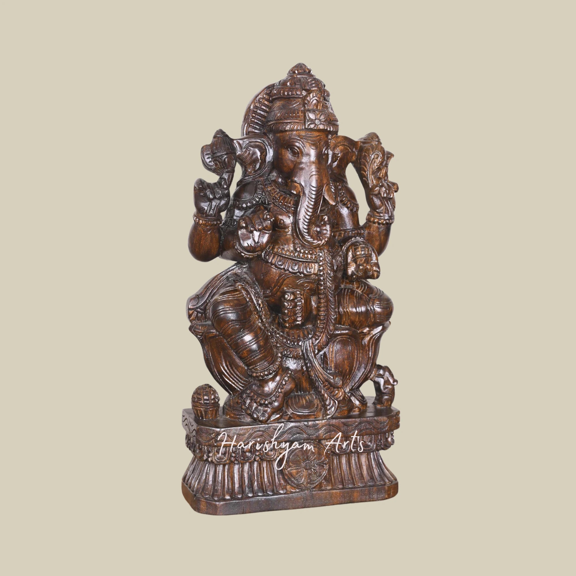 25" Large Wooden Ganesha Idol Four-Armed Maha Ganapathi on Lotus
