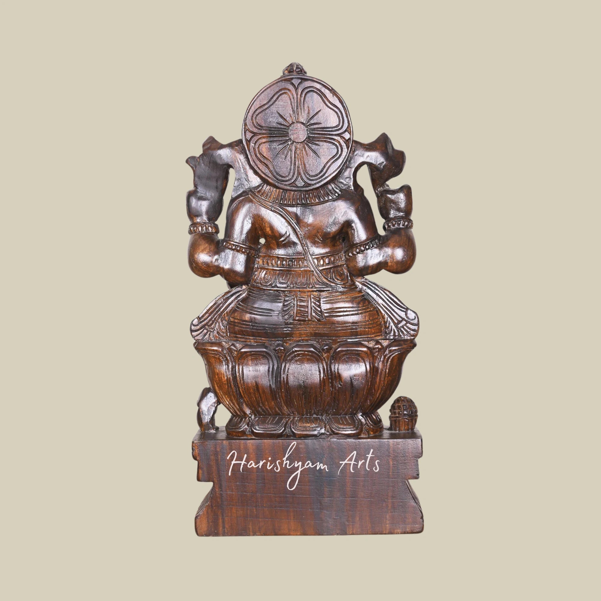 25" Large Wooden Ganesha Idol Four-Armed Maha Ganapathi on Lotus