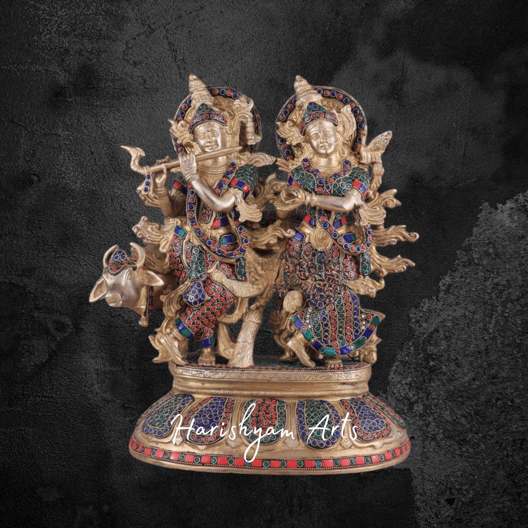 25" Pure Brass Radha Krishna Murti for Home Temple Décor