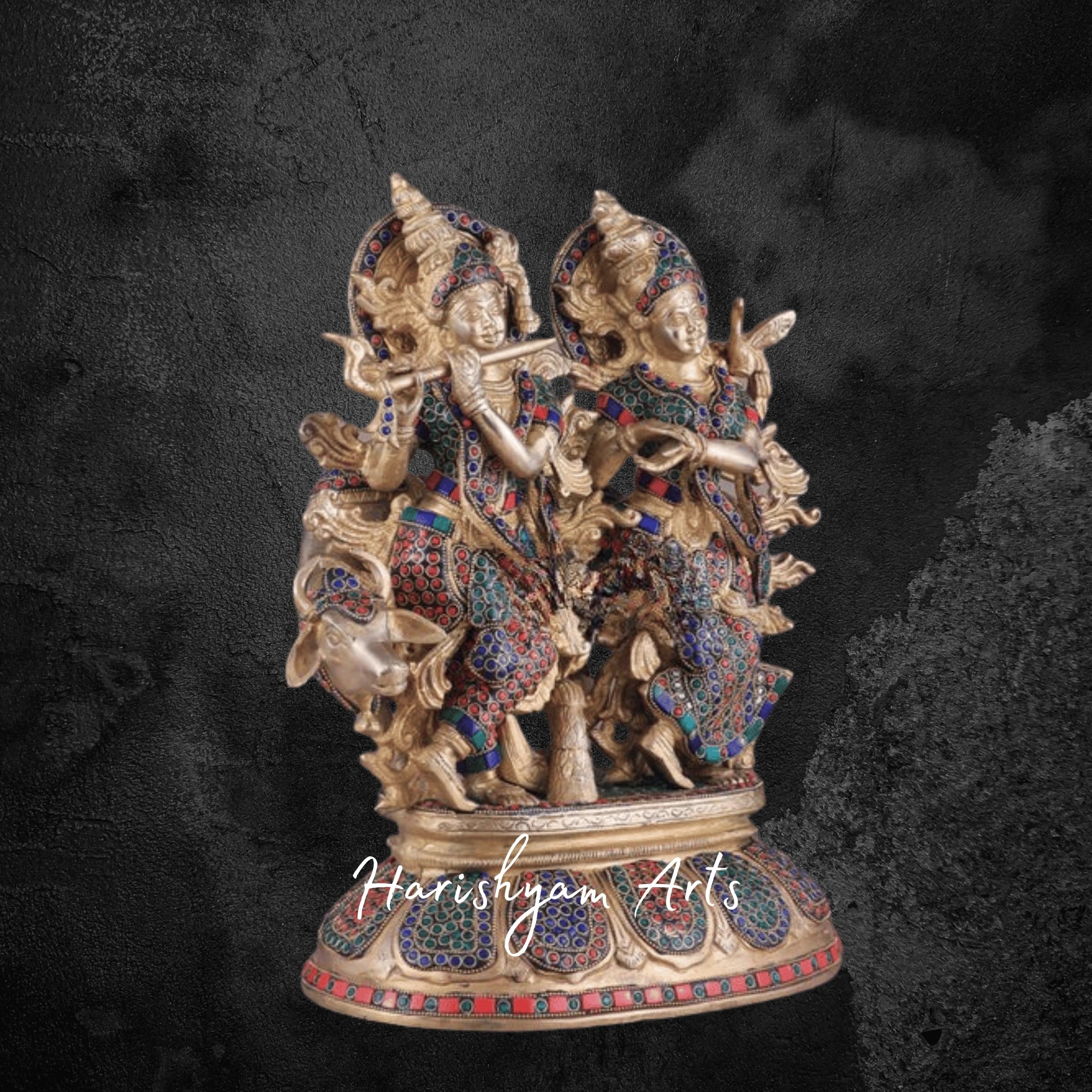 25" Pure Brass Radha Krishna Murti for Home Temple Décor