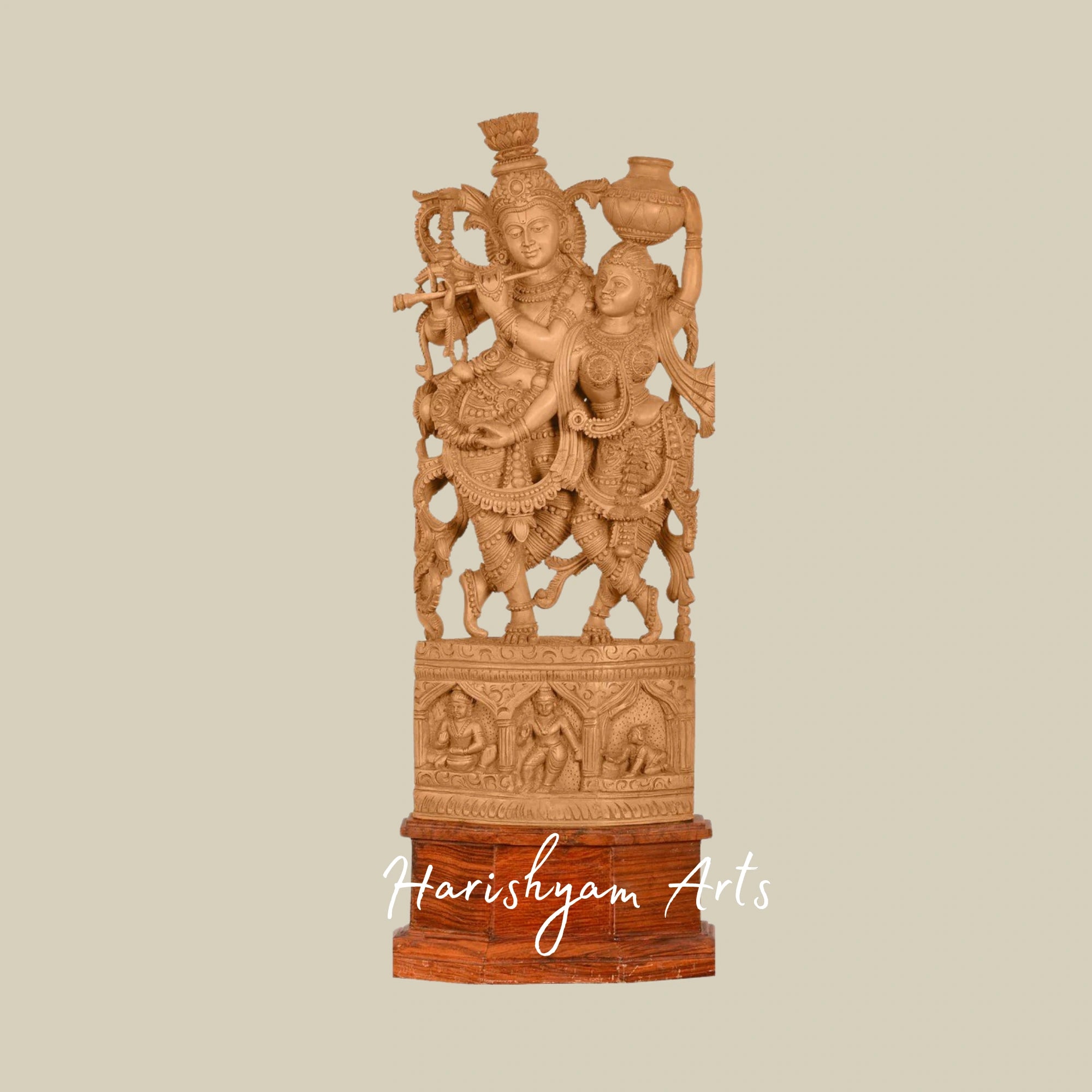 25" Traditional Sandalwood Radha Krishna Statue with Intricate Carving