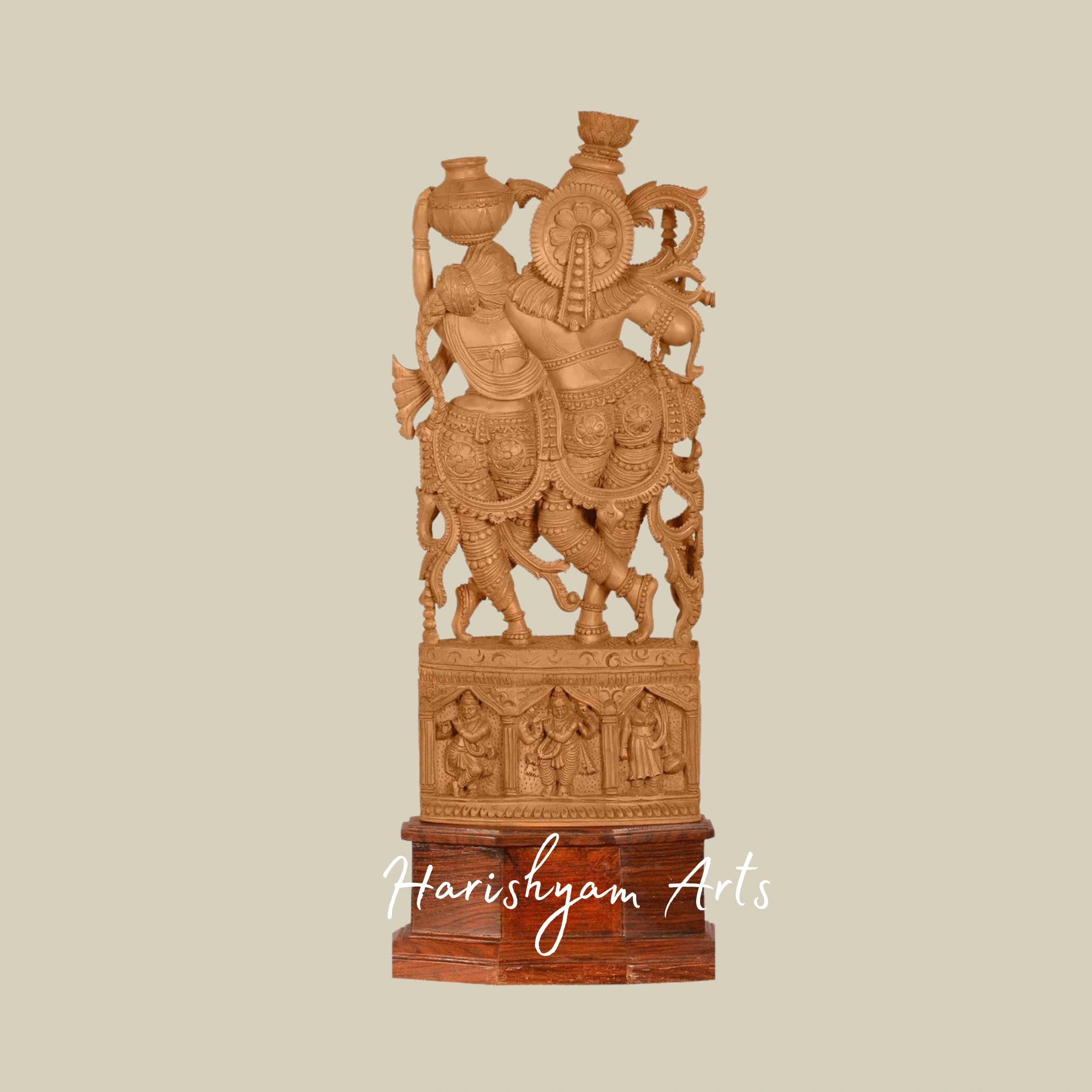 25" Traditional Sandalwood Radha Krishna Statue with Intricate Carving