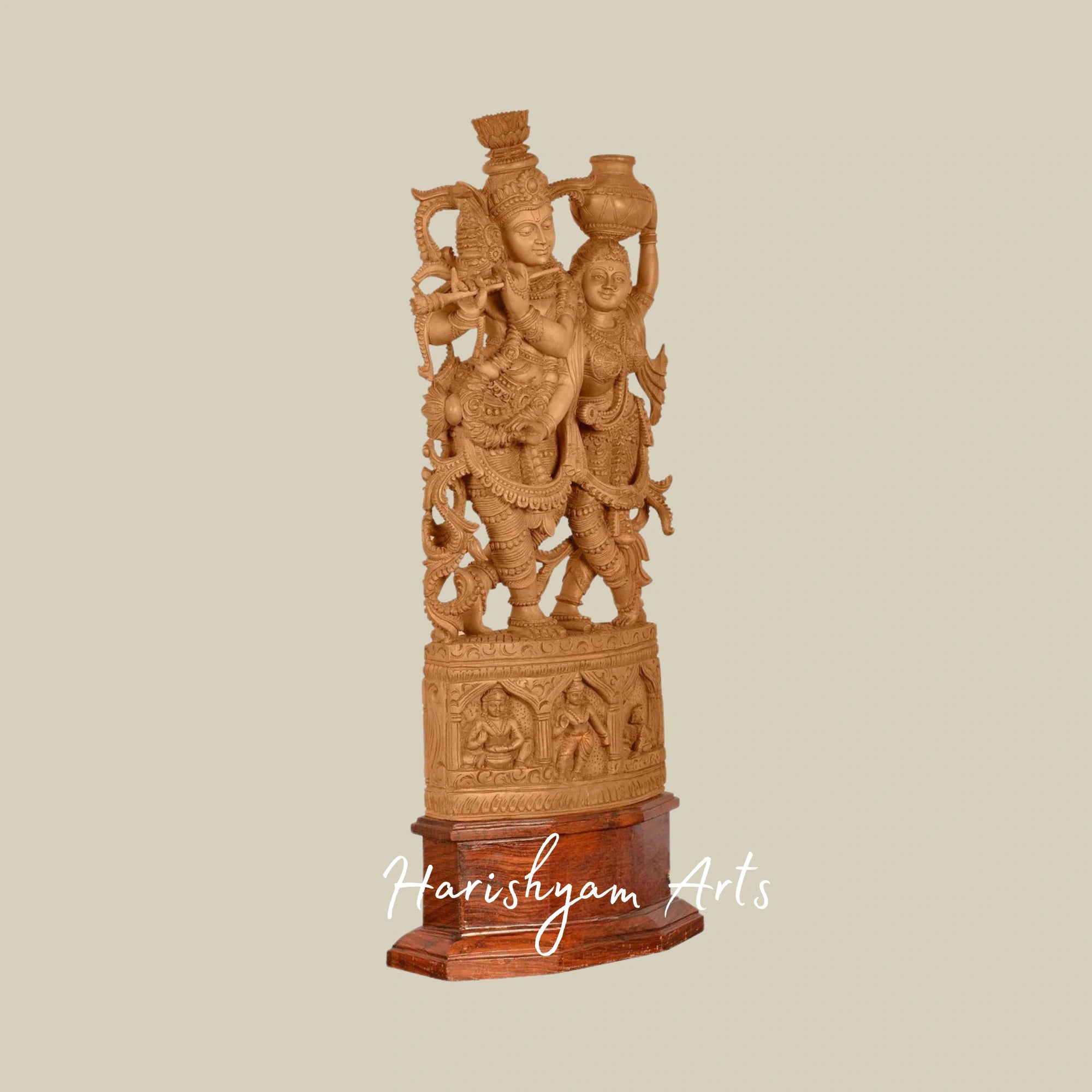25" Traditional Sandalwood Radha Krishna Statue with Intricate Carving