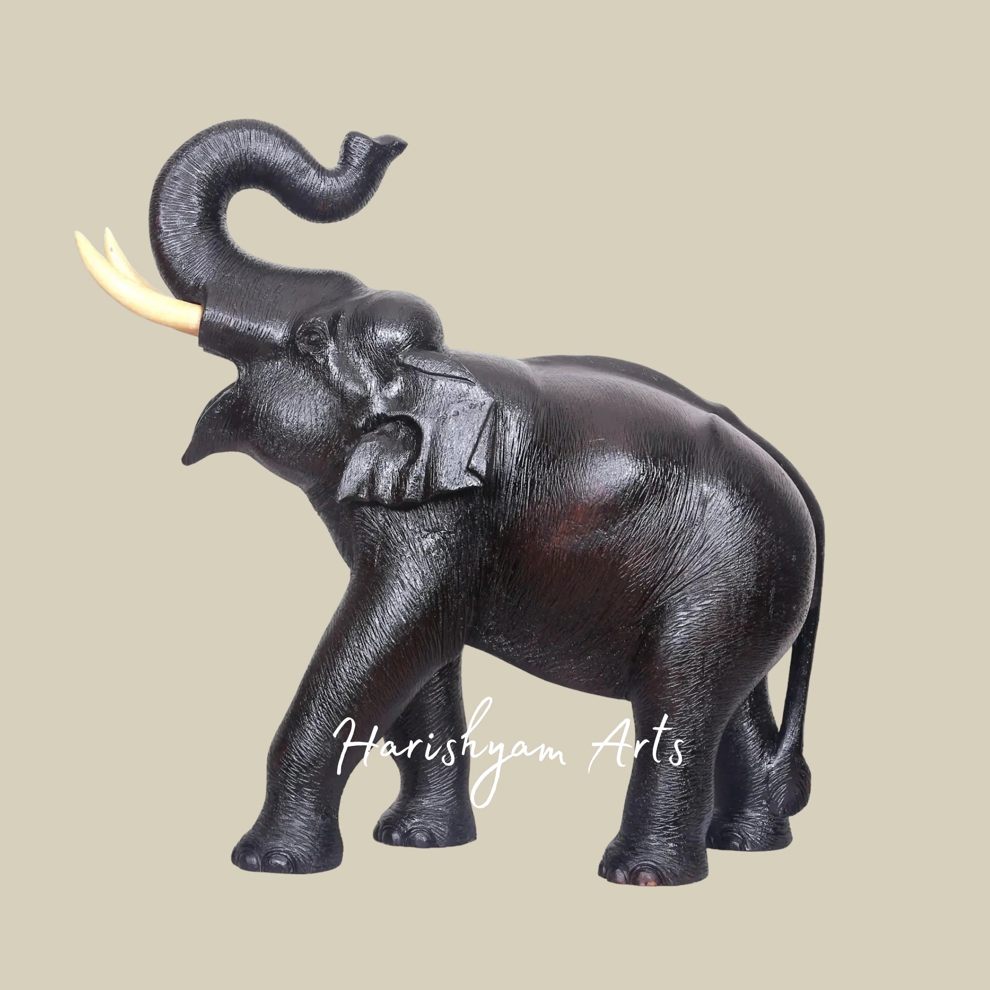 25" Wooden Elephant Figurine with Raised Trunk – Artisan Craft Decor